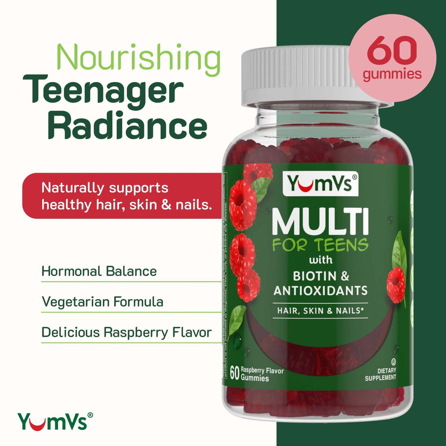 YUM-V'S Teen Multivitamin Gummies with Biotin & Antioxidants – Raspberry Flavor – Hair, Skin & Nails Support – Kosher Gummies for Teens 12–17, 60 Count