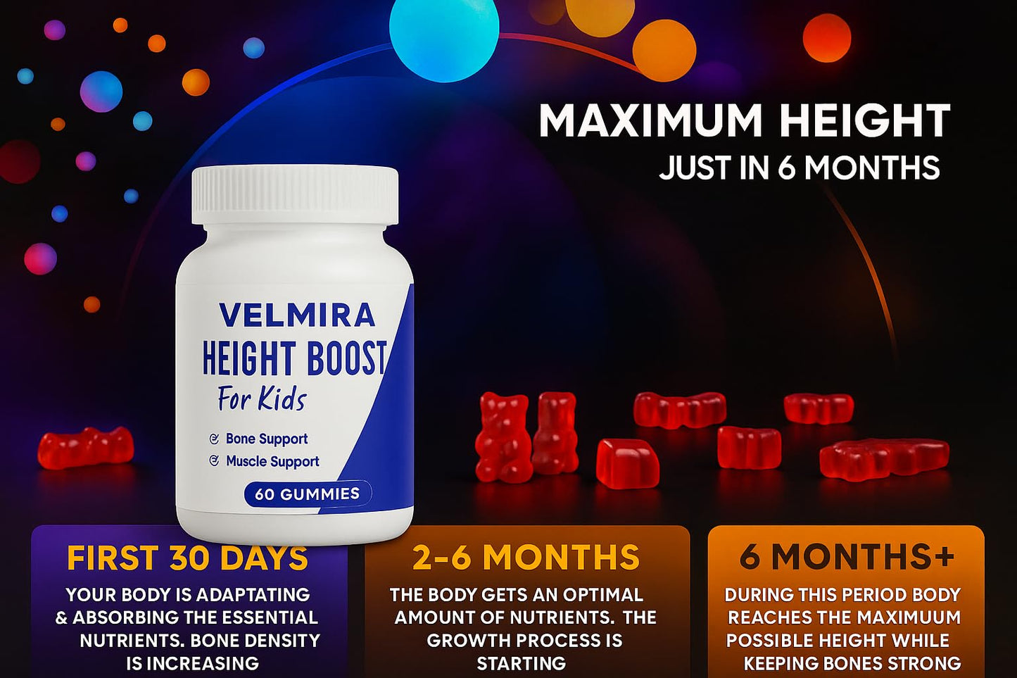 Velmira Heightener Gummies for Bone Health & Development Support – Essential Vitamins & Minerals, Easy-to-Chew Gummies for Kids, Teens & Adults (Ages 5+), 60 Gummies