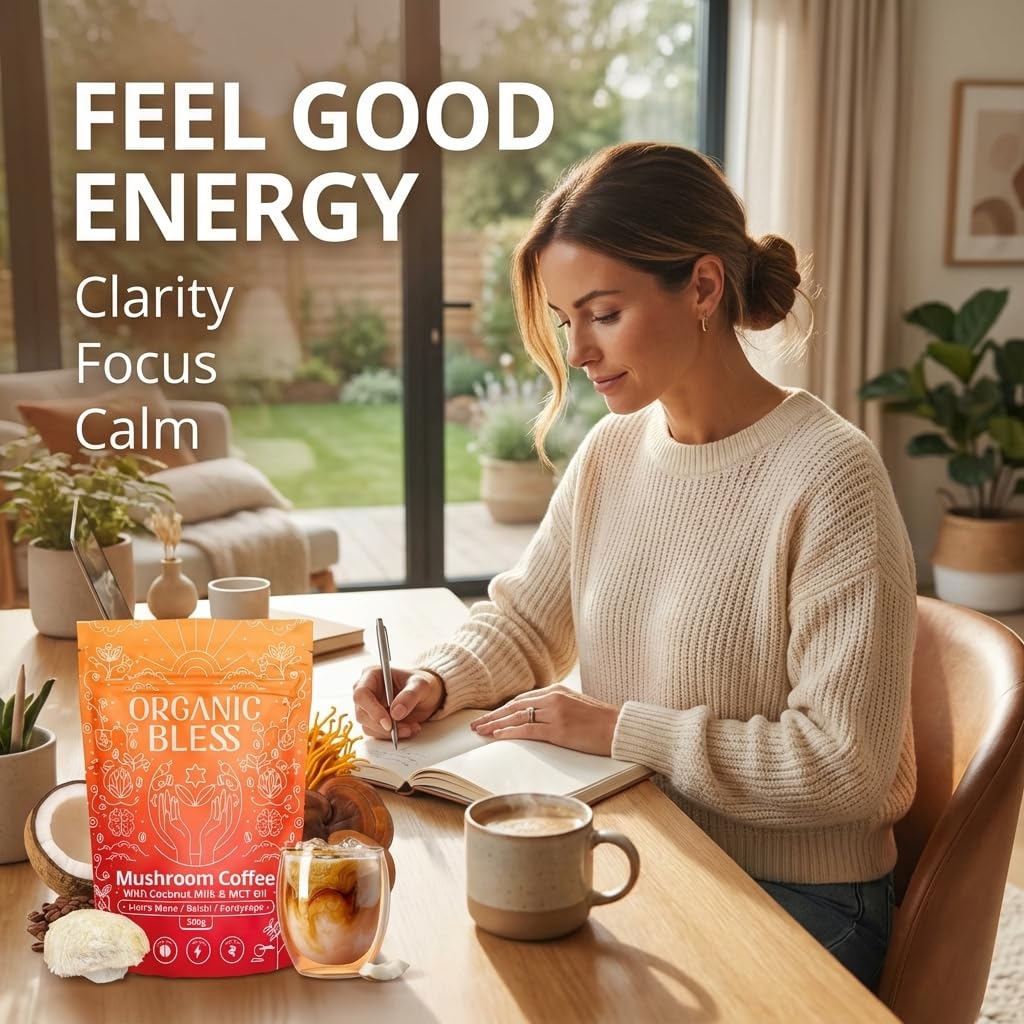 Organic Bless Instant Mushroom Coffee with Lion's Mane, Reishi & Cordyceps – Coconut Milk & MCT Oil – Low Caffeine 31mg – Powder, 7.05 Ounce