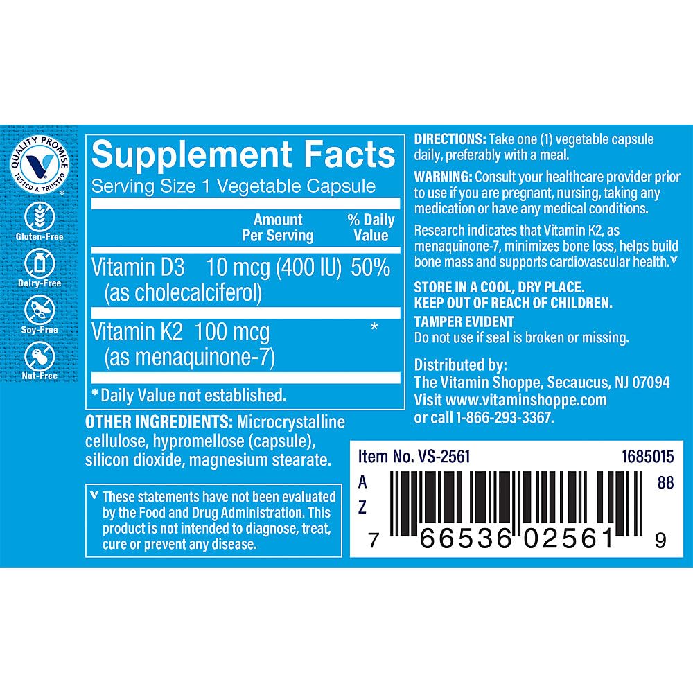 The Vitamin Shoppe Vitamin K2 MK-7 100 MCG Menaquinone-7 Vegetarian Capsules 60 Capsules