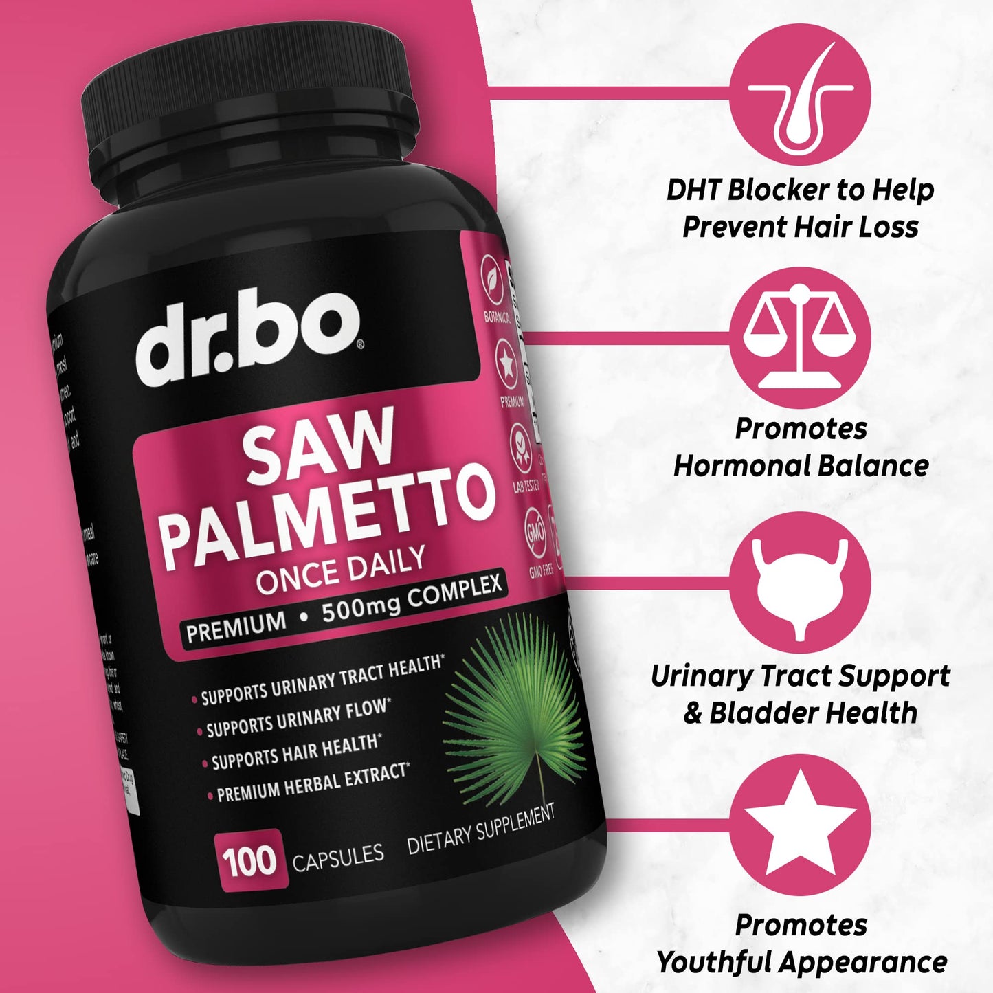 DR. BO Saw Palmetto for Women Hair Loss DHT Blocker Capsules 100 Count