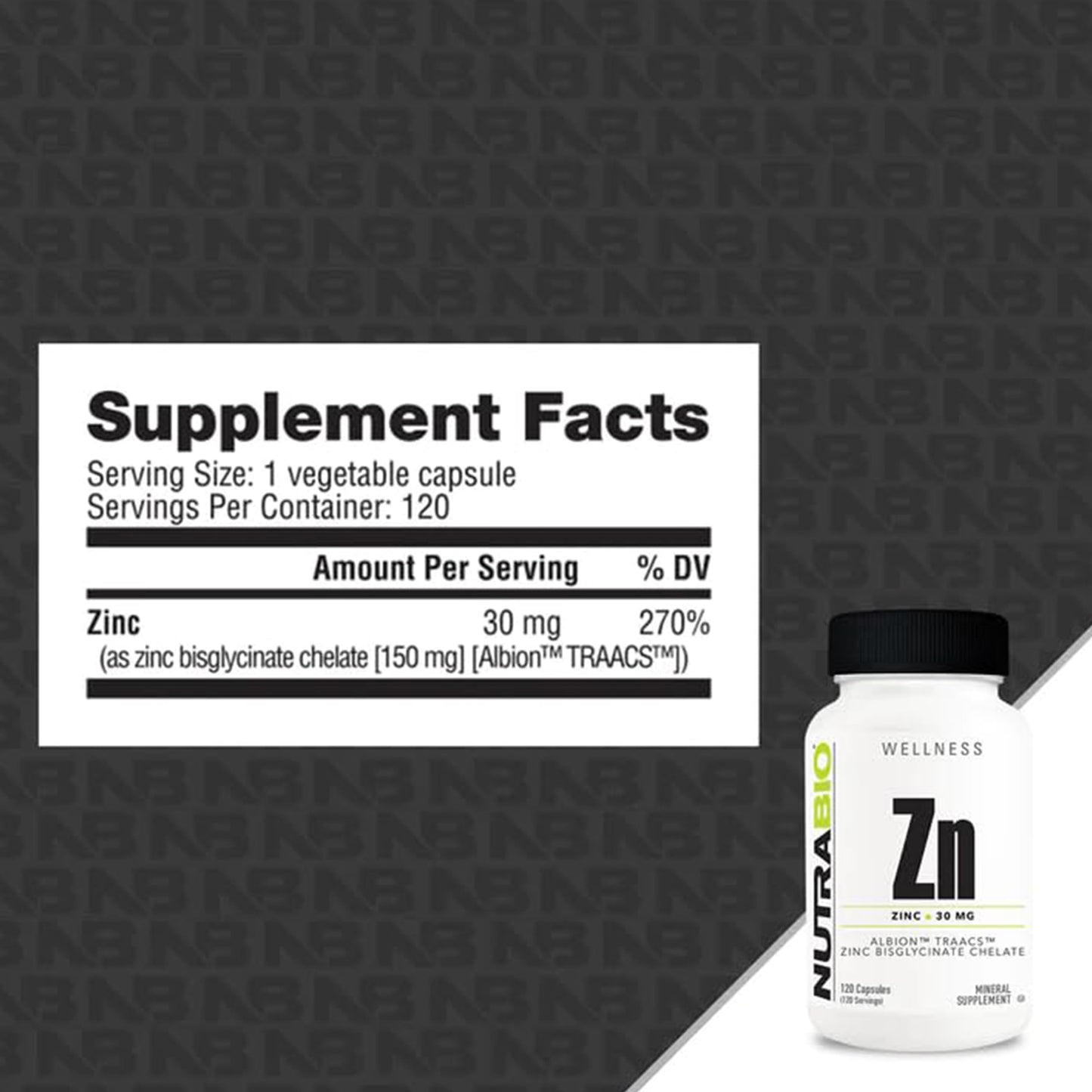 NutraBio Zinc Chelate Mineral Supplement Capsules 120 Count
