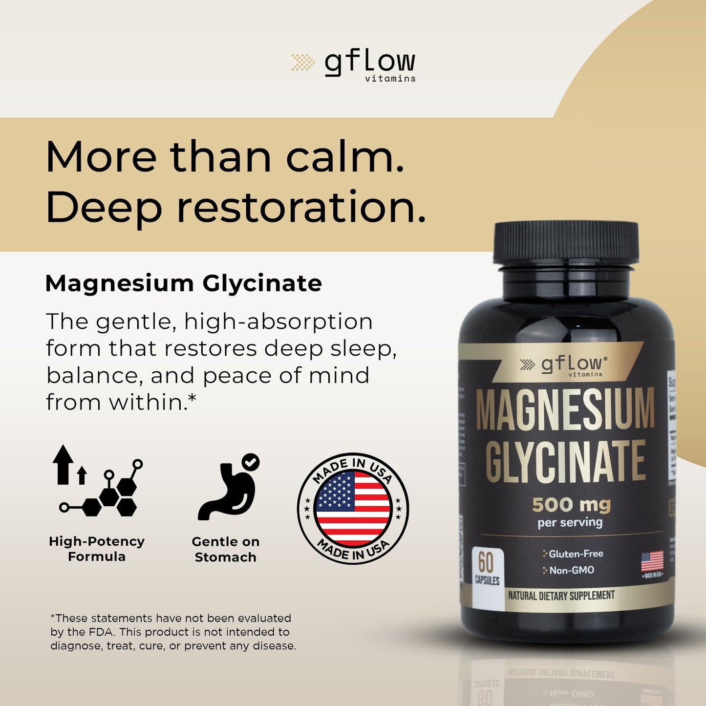 Gflow Vitamins Magnesium Glycinate Supplement for Calm and Sleep Capsules, 60 Count