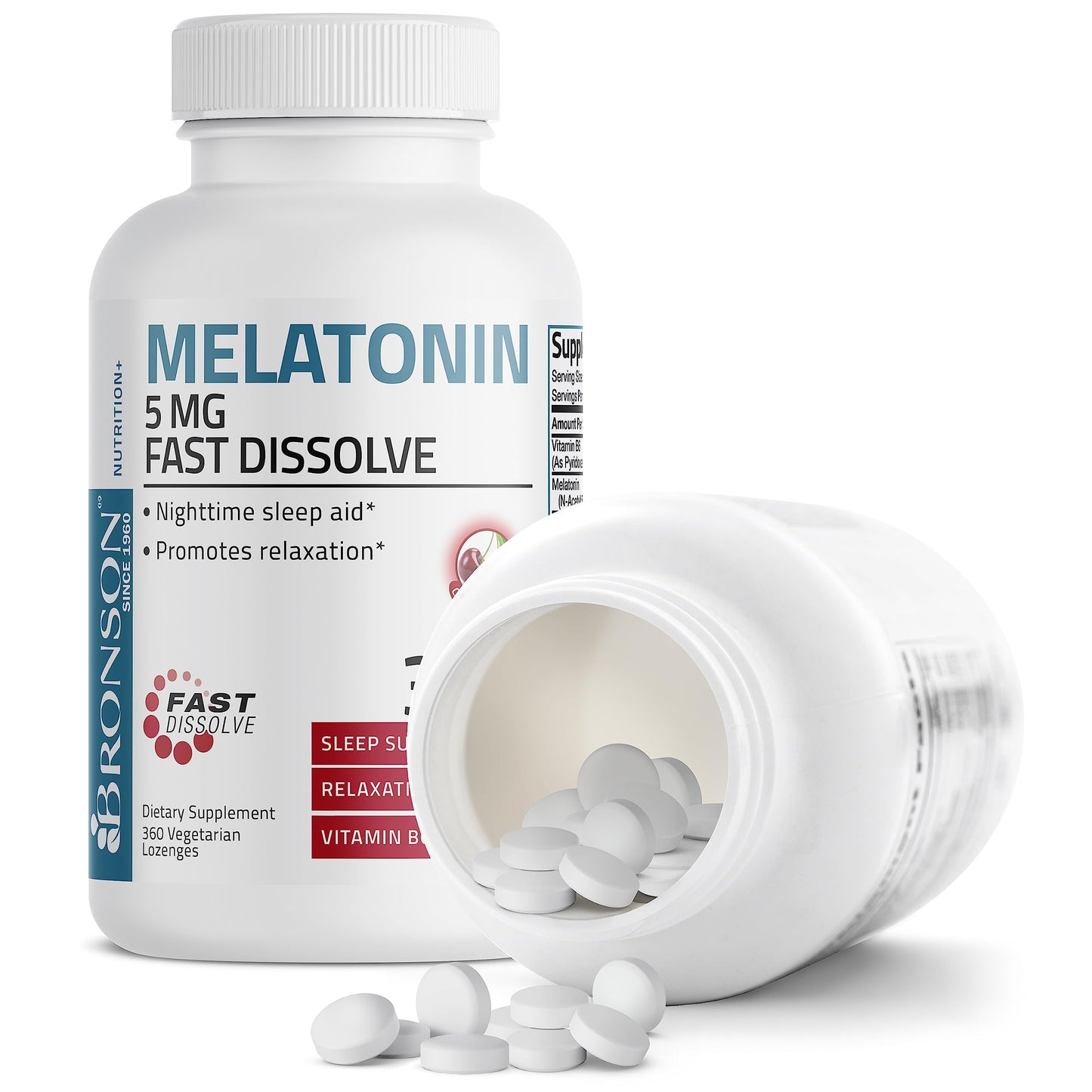 Bronson Melatonin 5mg Fast Dissolve Cherry Flavor Tablets with Vitamin B6, Nighttime Sleep Aid, 360 Tablets