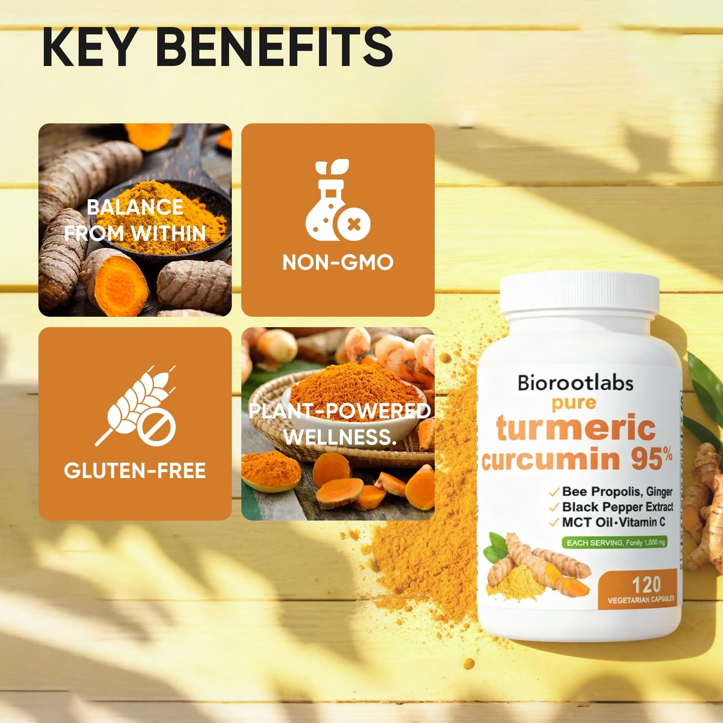 TOGOLIUN Turmeric Curcumin Supplement 1000mg – 95% Curcuminoids with Ginger, Bee Propolis, Black Pepper, MCT Oil – High Absorption Formula for Wellness & Immune Support, 120 Capsules