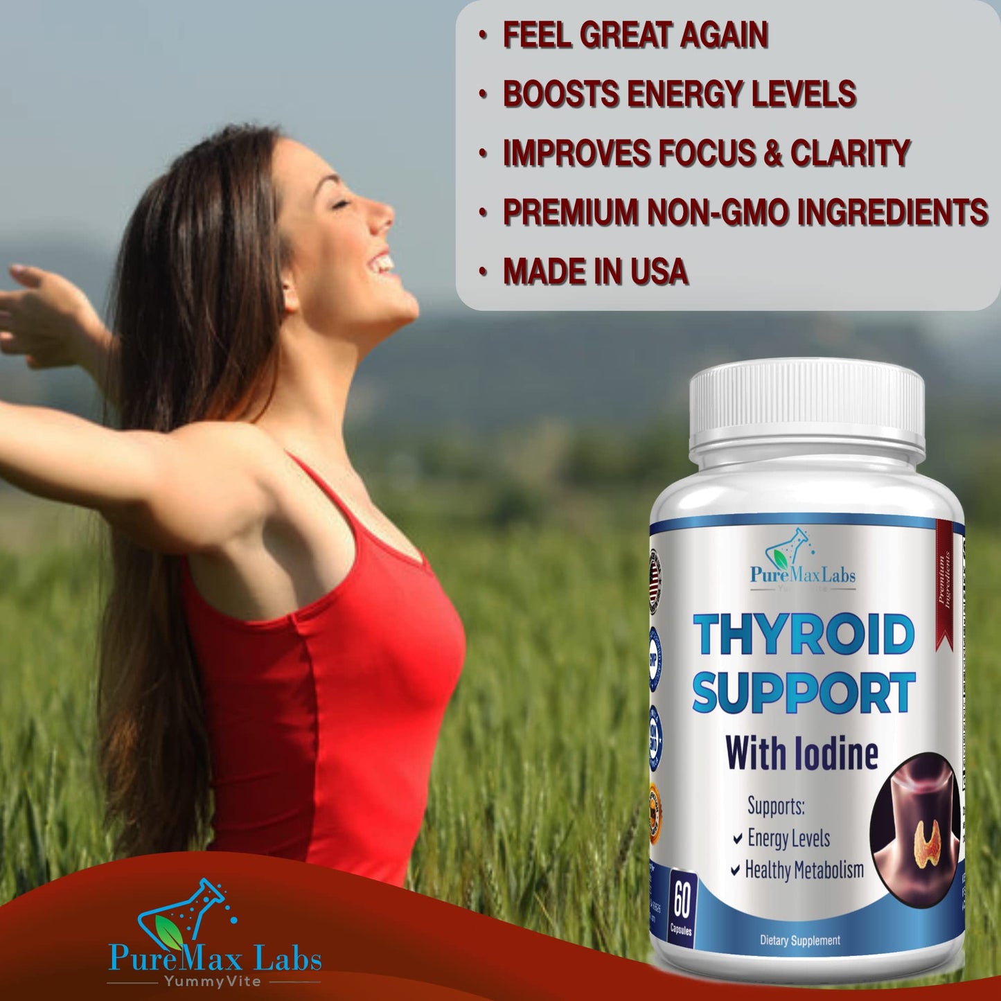 YUMMYVITE Thyroid Support with Iodine - Metabolism Booster Non-GMO, 60 Capsules