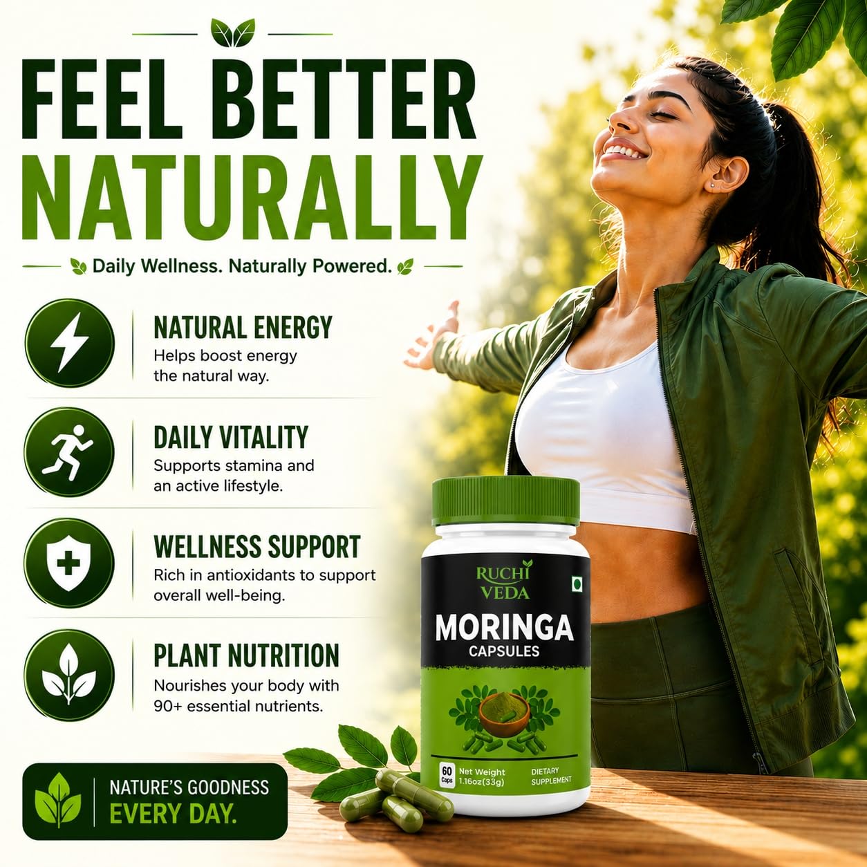 Ruchi Veda Moringa Capsules 1100mg per Serving – Moringa Oleifera Supplement for Energy, Focus & Daily Wellness, Plant-Based, Non-GMO, Lab Tested, 180 Capsules
