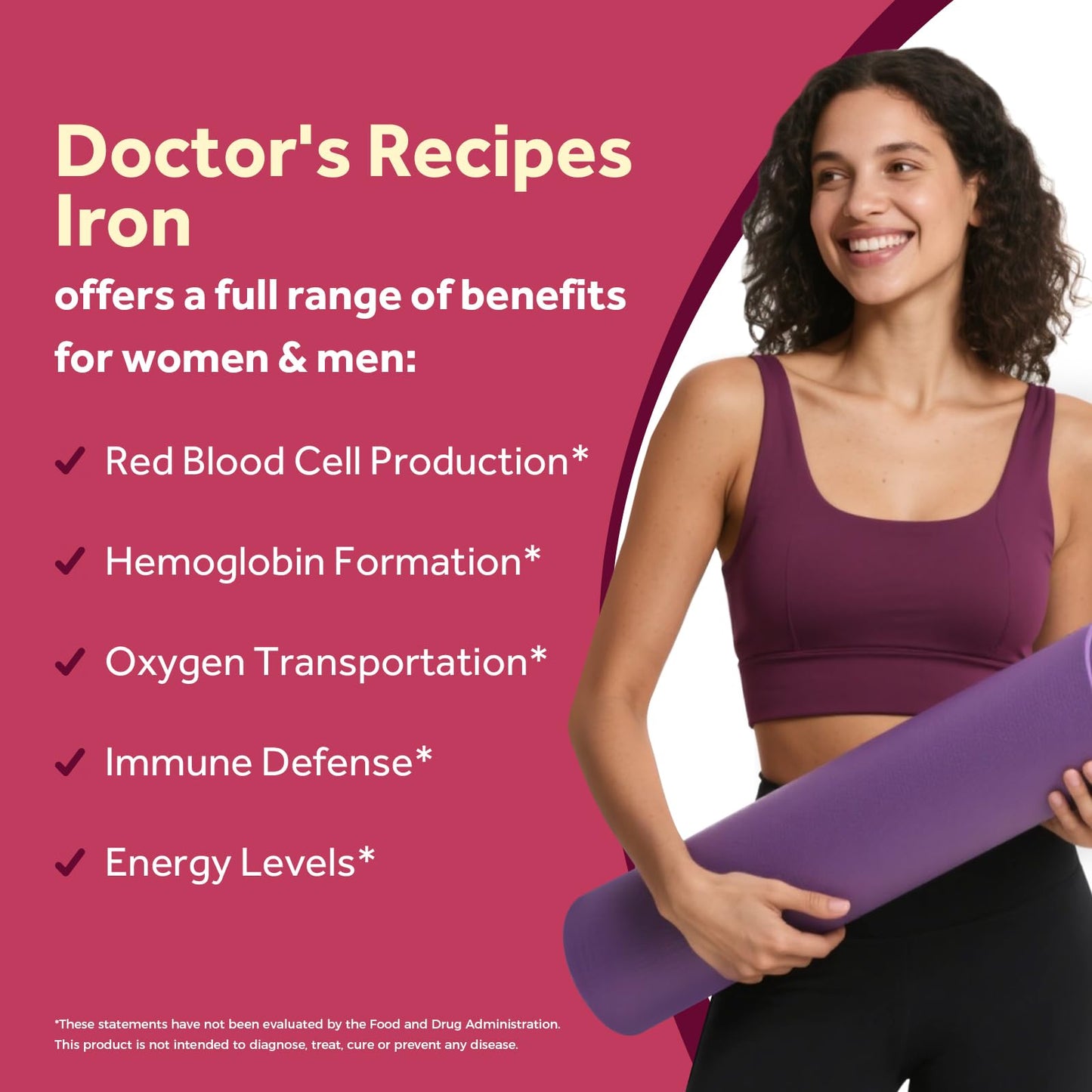 Doctor's Recipes Iron Supplement for Women & Men, Iron 65 mg with Vitamin C, D3, B6, B12, Folate, Beet Root, Pumpkin Seeds for Energy & Red Blood Cell Support Tablet, 90