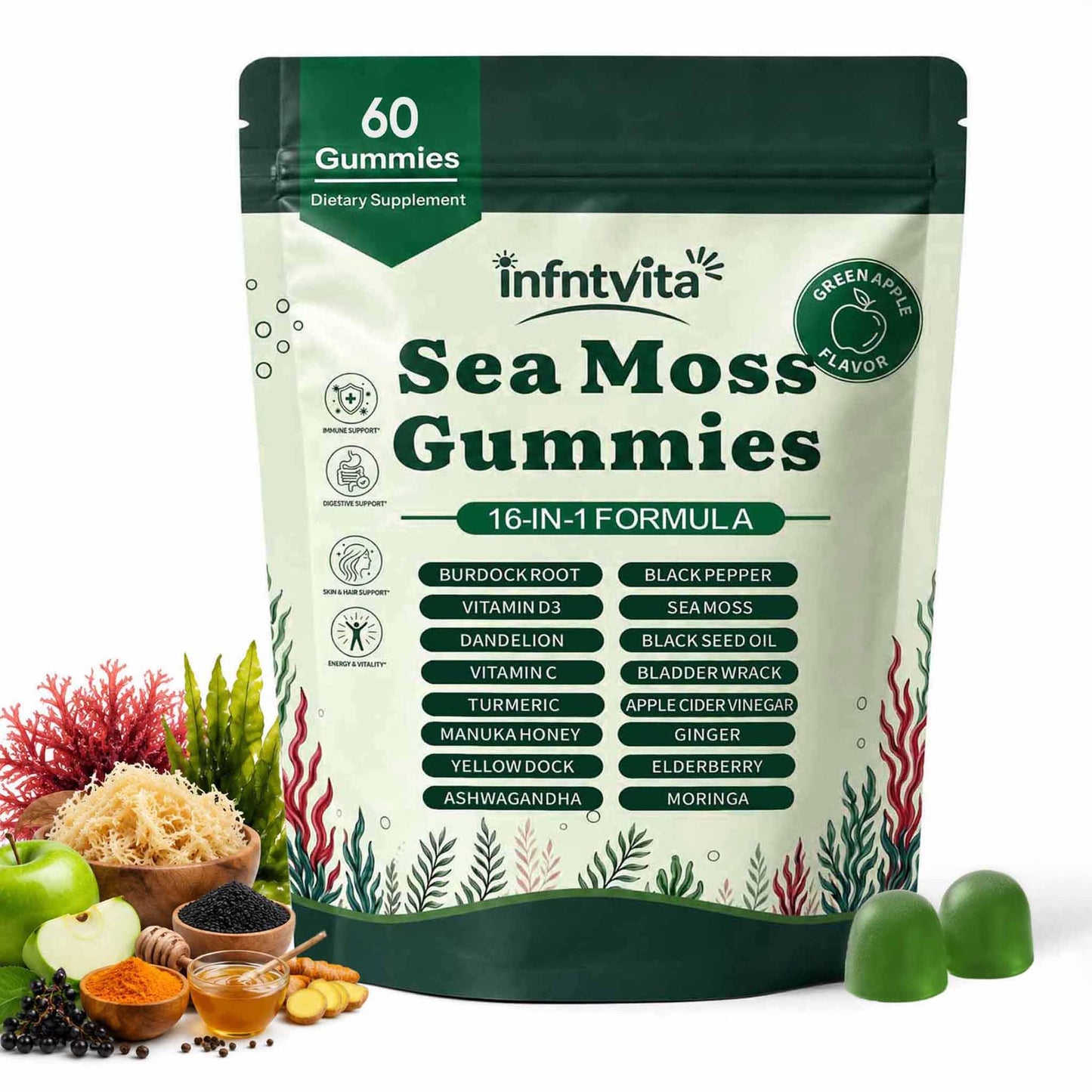 YALGET Sea Moss Gummies 16-in-1 with Ashwagandha, Black Seed Oil, Ginger, Turmeric, Manuka Honey, Black Pepper, Moringa, Elderberry – Daily Wellness & Immune Support – Apple Flavor, 60 Gummies