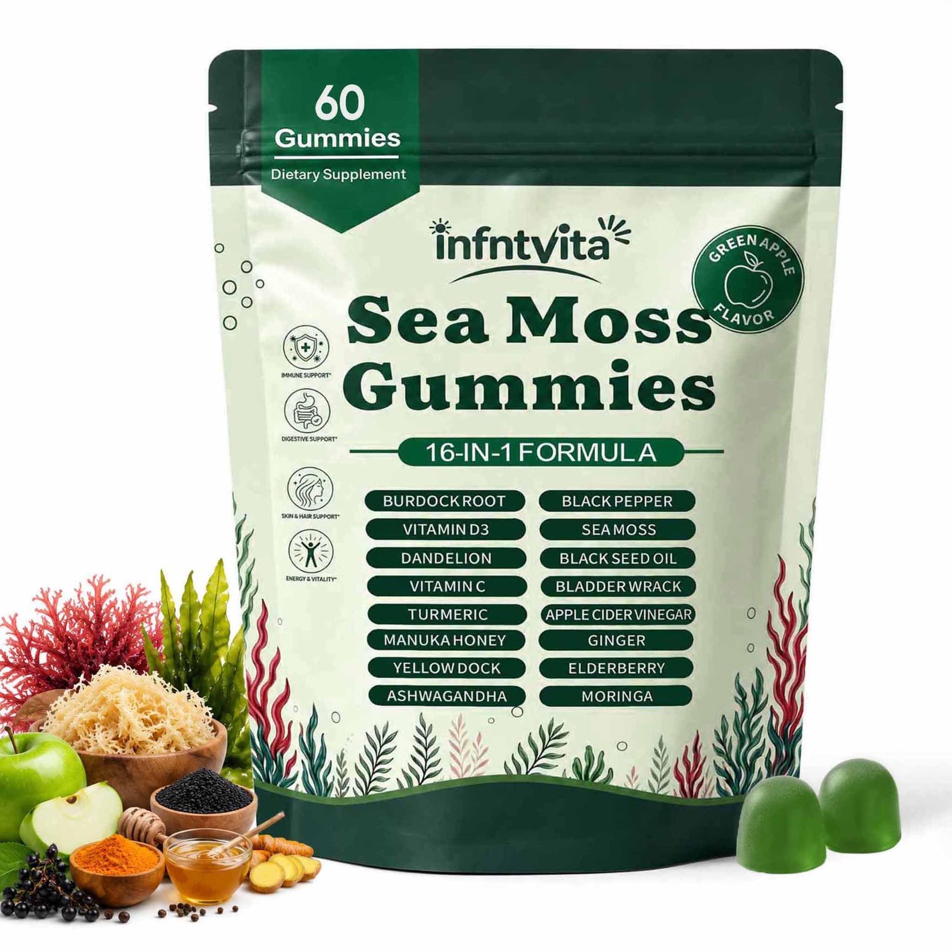YALGET Sea Moss Gummies 16-in-1 with Ashwagandha, Black Seed Oil, Ginger, Turmeric, Manuka Honey, Black Pepper, Moringa, Elderberry – Daily Wellness & Immune Support – Apple Flavor, 60 Gummies