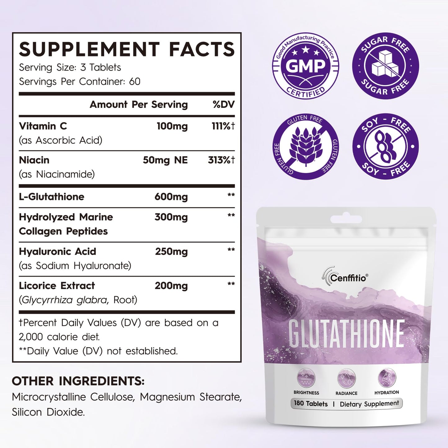 Cenffitio Glutathione Supplement – Skin Brightening Formula with Vitamin C, Niacinamide, Collagen & Hyaluronic Acid – Tablet, 180 Count