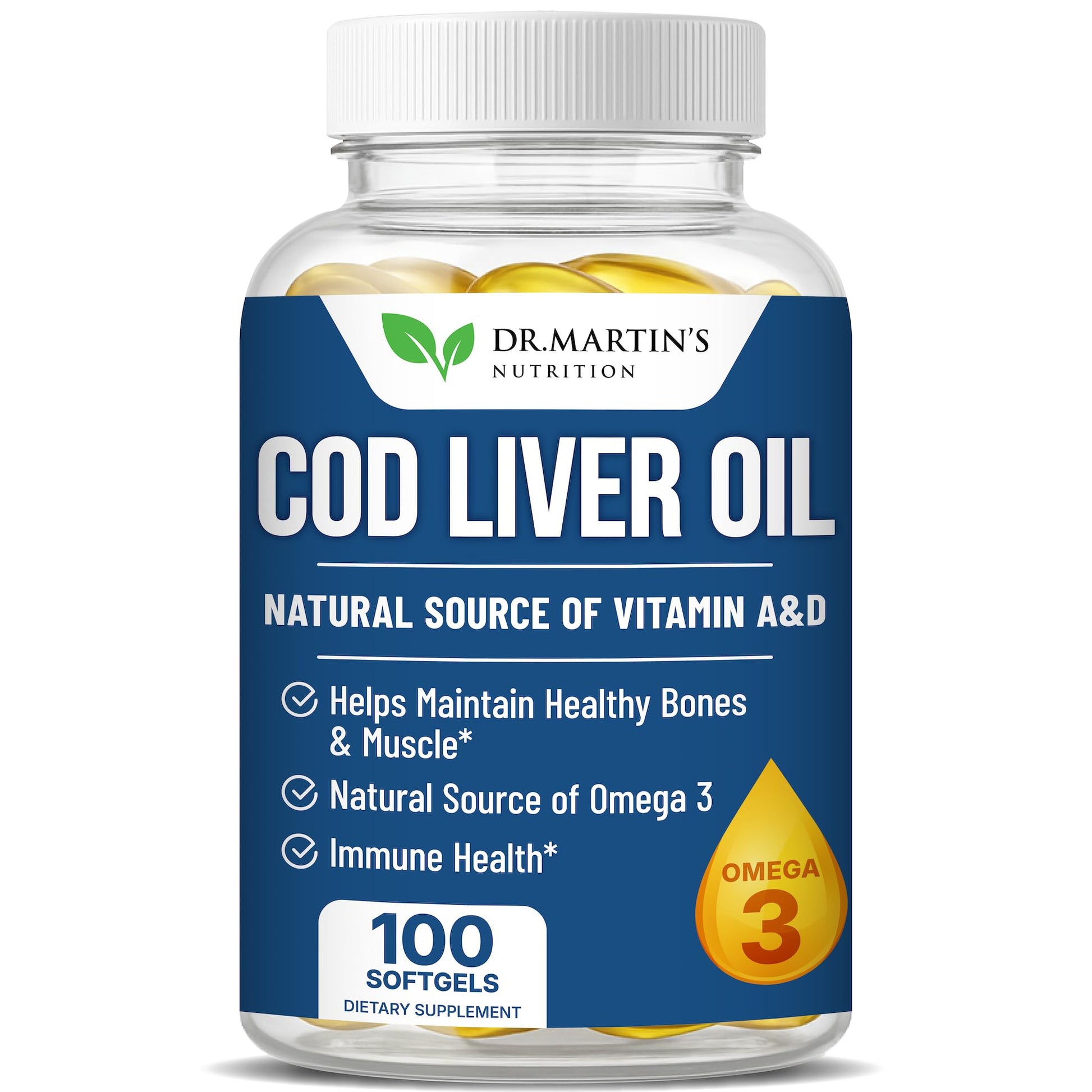 Dr. Martin's Nutrition Cod Liver Oil Softgels 300, Burpless Omega-3 with EPA & DHA, Vitamin A & D