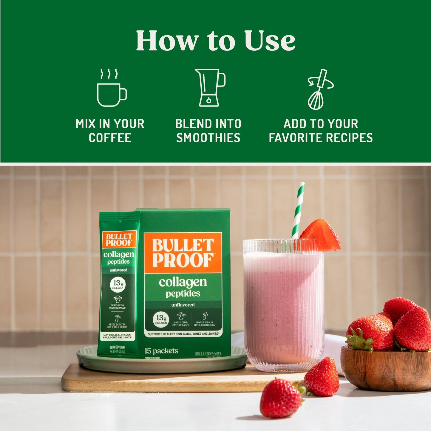 Bulletproof Unflavored Grass-Fed Collagen Peptides Powder Packets, Pack of 15