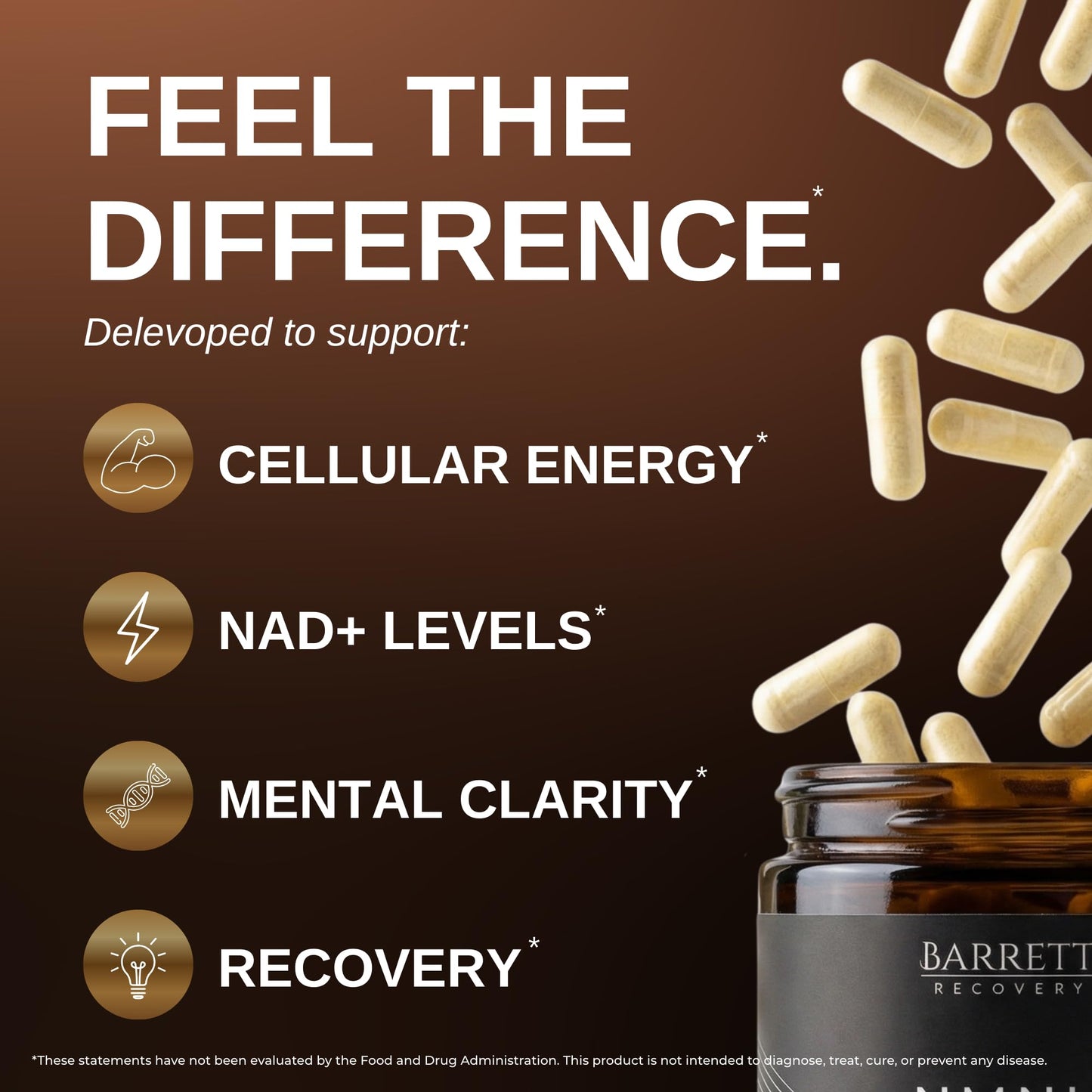 Barrett Recovery NMNH NAD+ Support Supplement – Daily Cellular Energy & Vitality Support Capsules, 60 Count