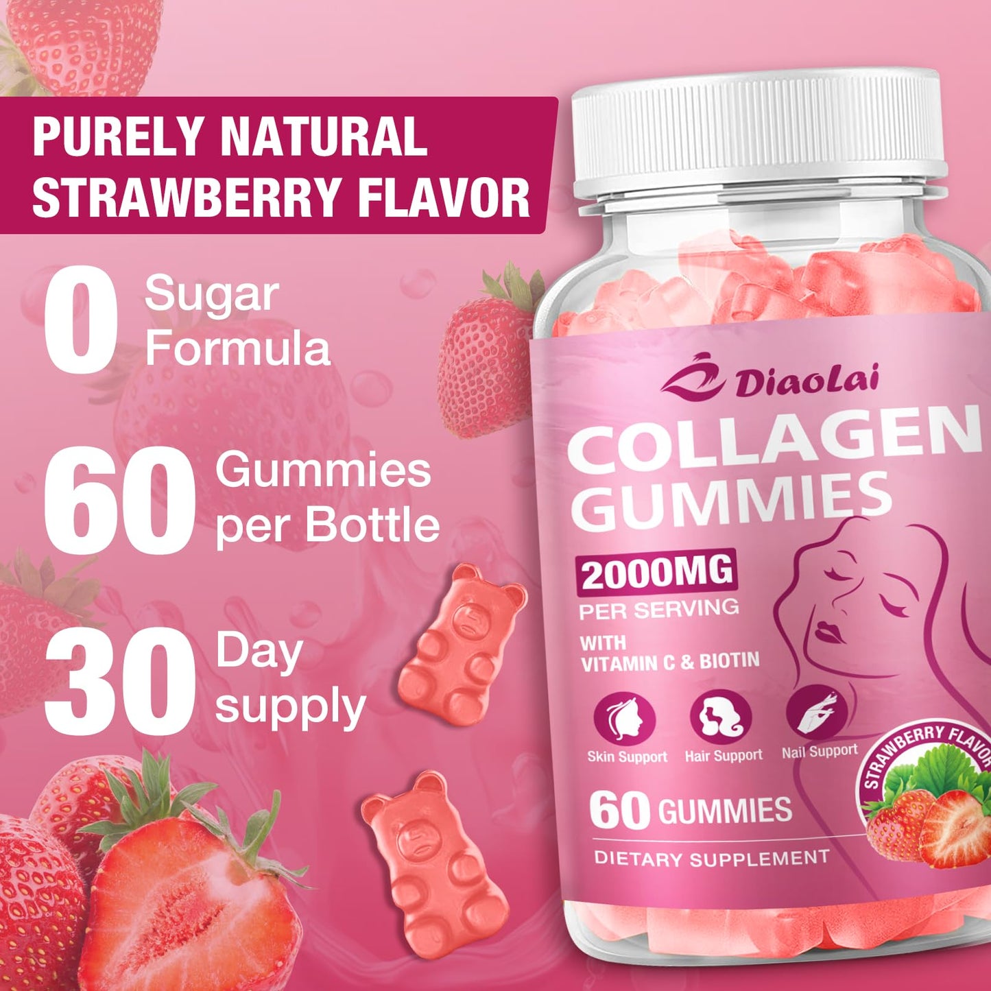 DIAOLAI Sugar-Free Multi Collagen Gummies (2-pack) with Biotin, Vitamin C & Zinc for Hair, Skin & Nails, Strawberry Flavor