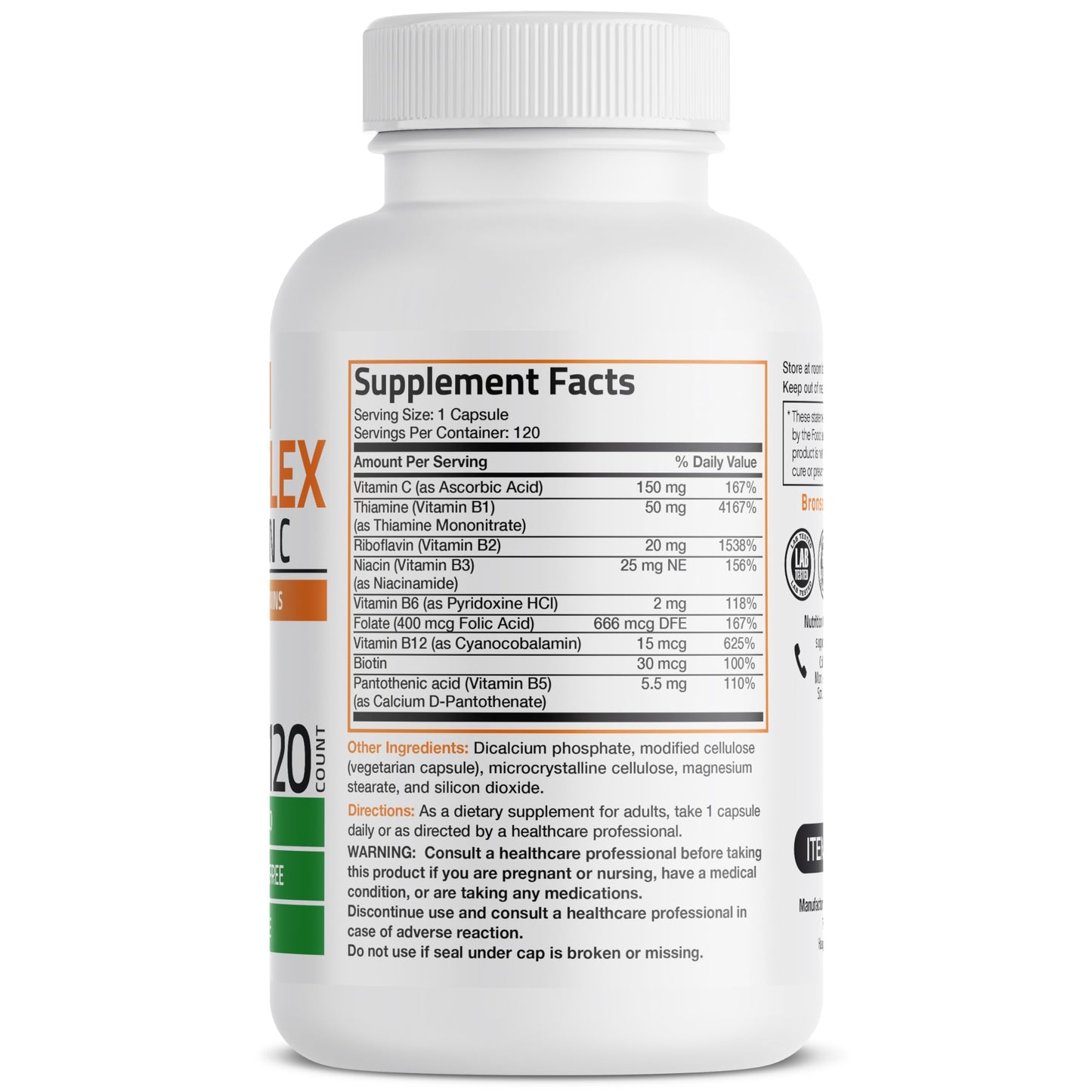 Bronson Vitamin B Complex with Vitamin C Capsules, 120 Capsules