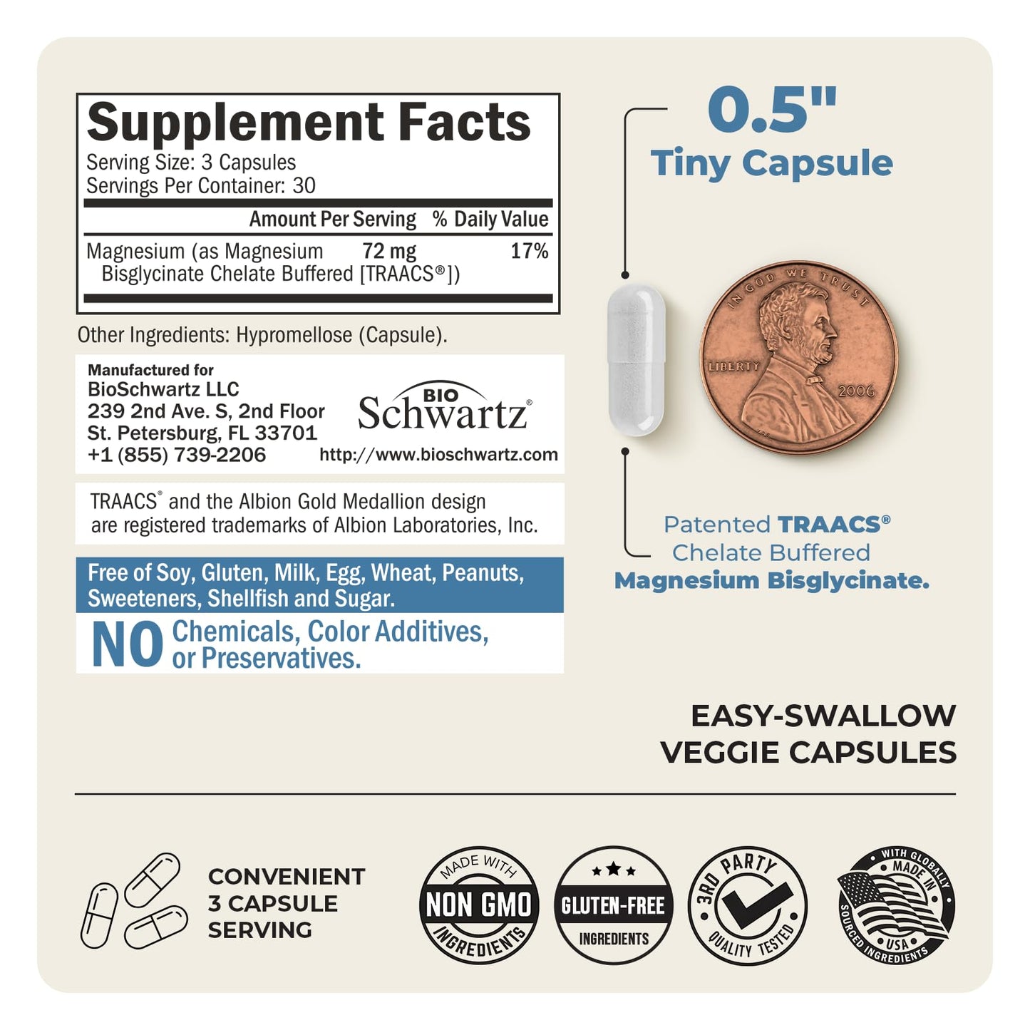 BioSchwartz Magnesium Bisglycinate 100% Chelate No-Laxative Effect Capsules, 90 Count