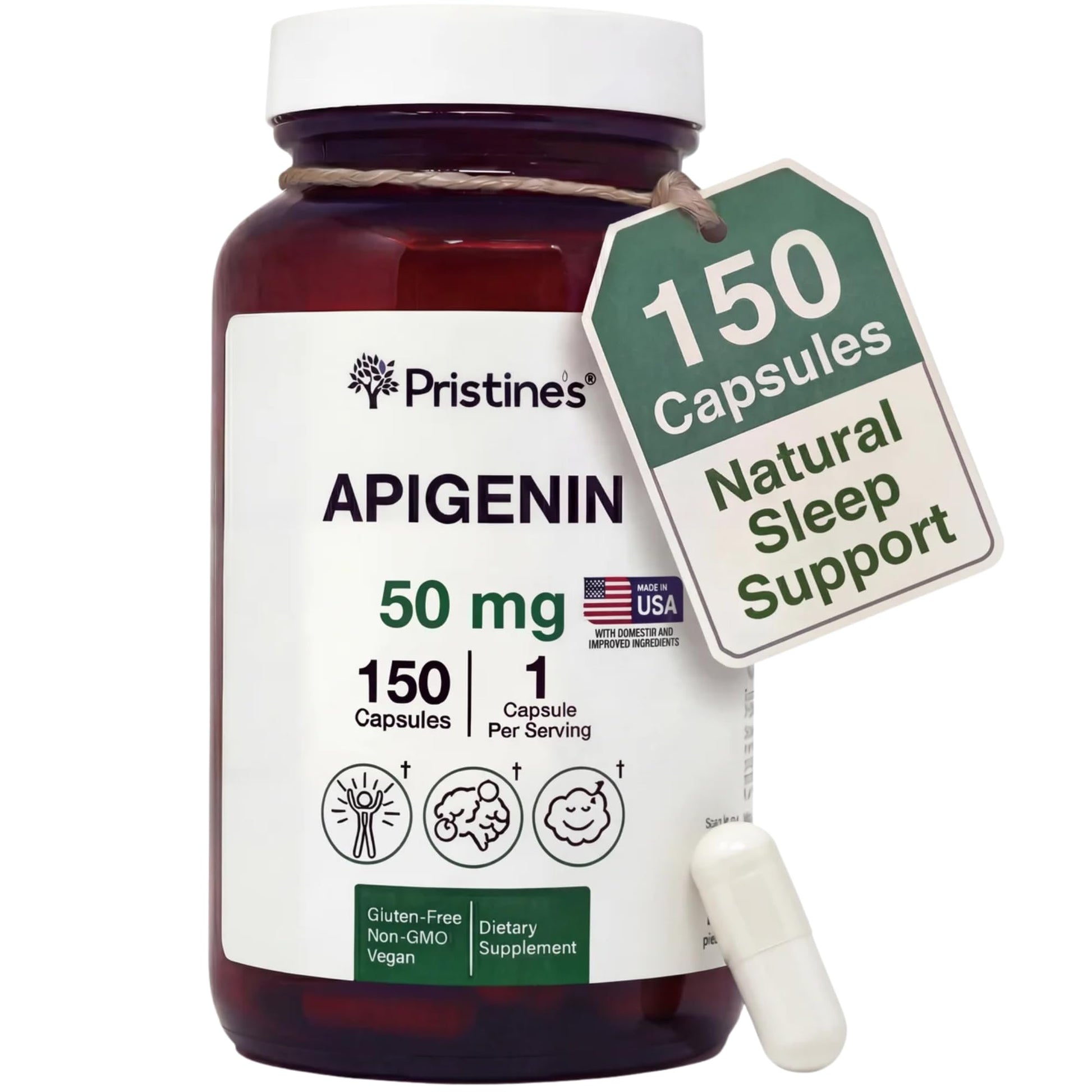 PRISTINE'S Apigenin Supplement for Sleep 50mg Capsule, 150 Count