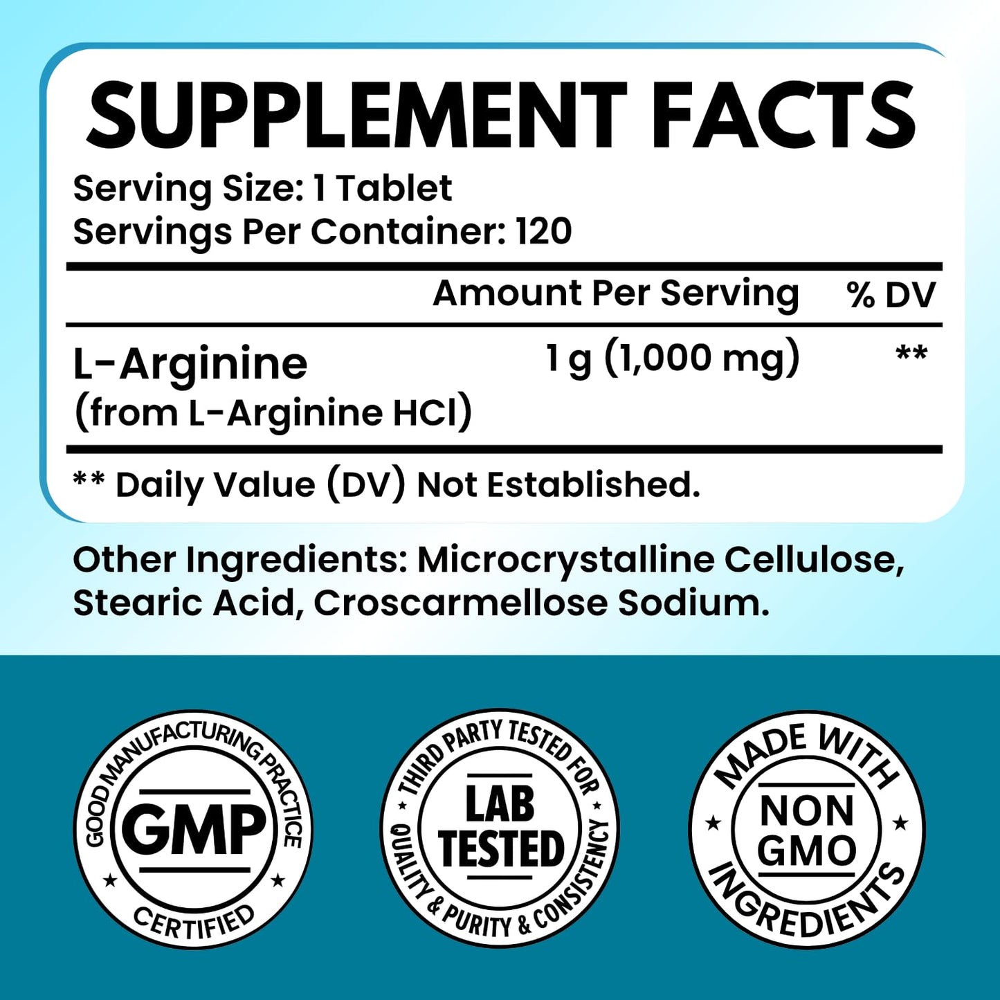Salt Lake Supplements L Arginine 1000mg - Essential Amino Acid & Nitric Oxide Precursor Tablets, 120 Tablets