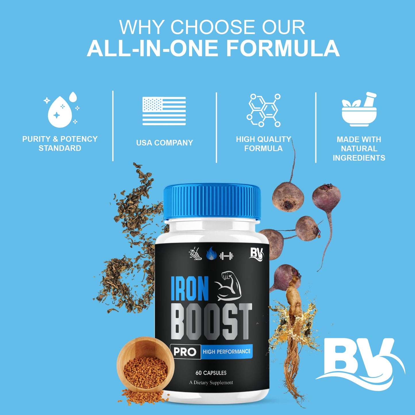 Blue Vibe Iron Boost Pro Premium Supplement Capsules, 60 Count