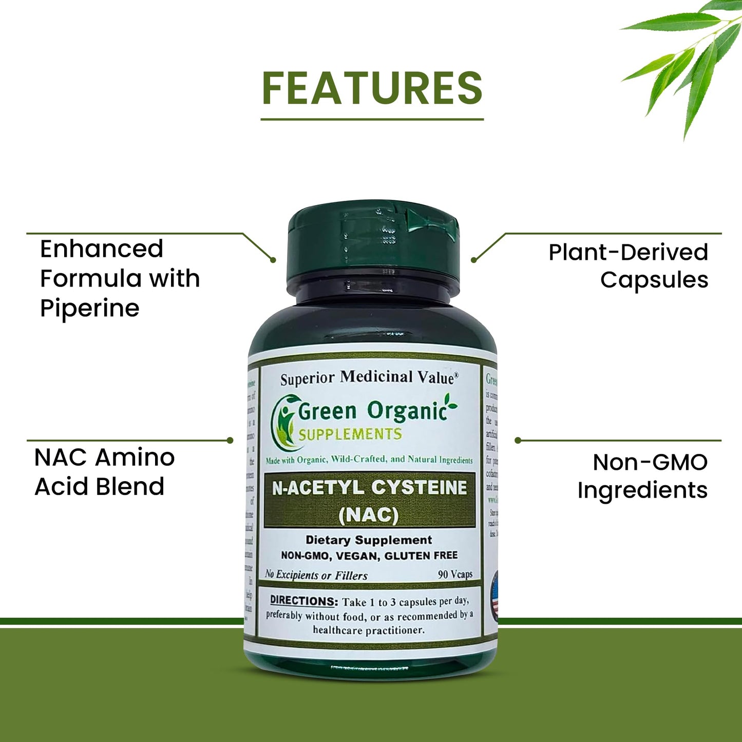 Green Organic Supplements N-Acetyl Cysteine Capsules 90 Count