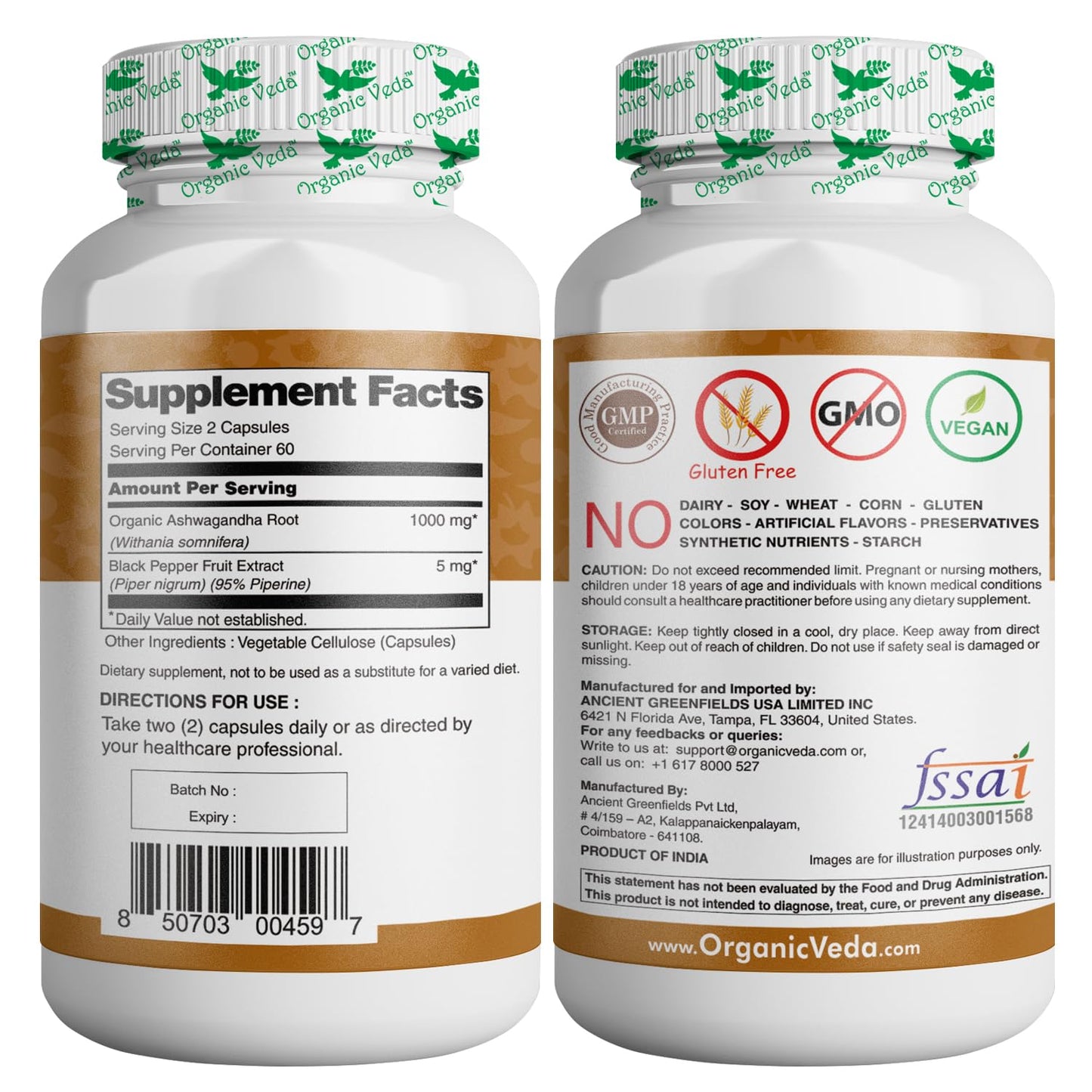 Organic Veda Ashwagandha Capsules Full Strength with Black Pepper Extract, 120 Veg Capsules
