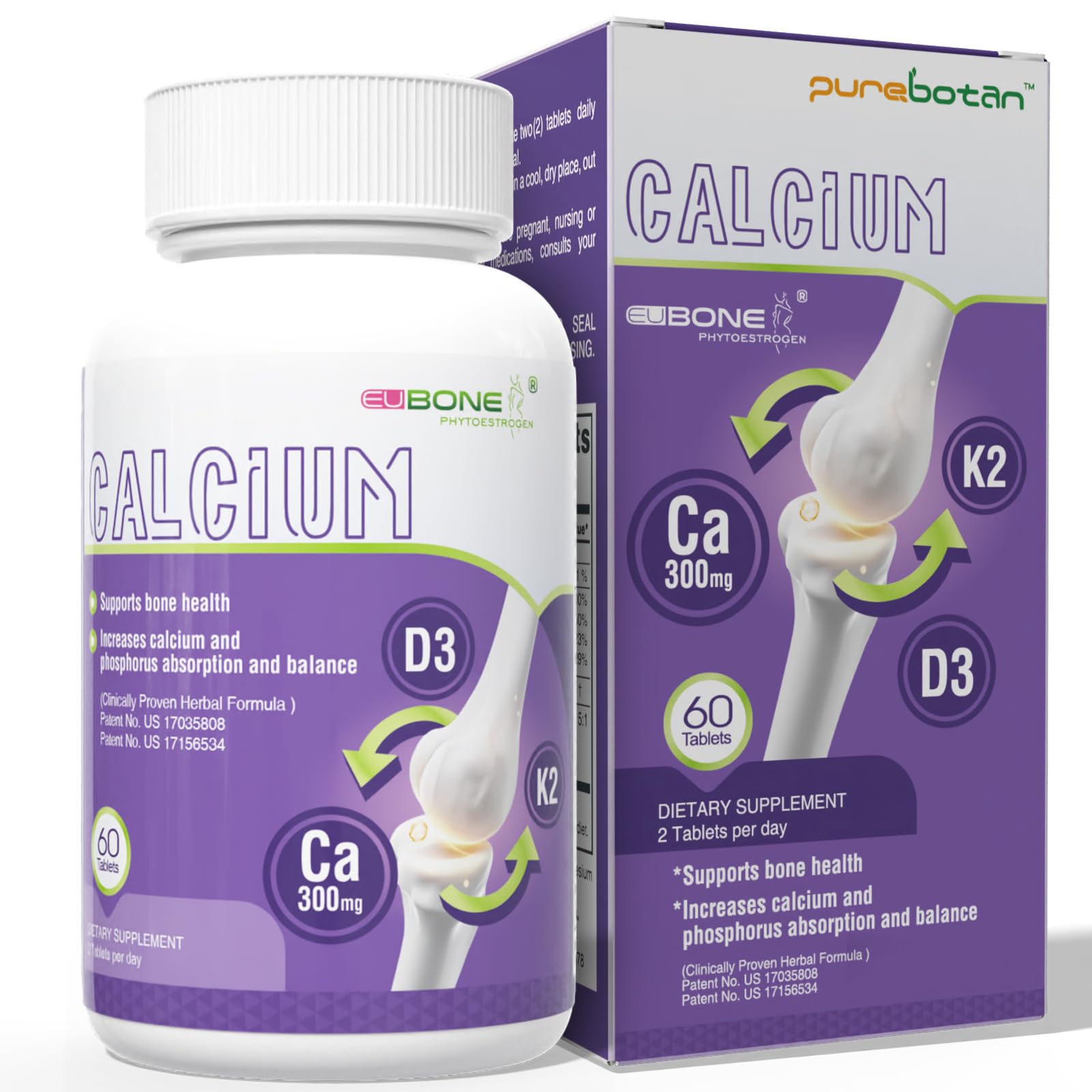 PureBotan EuBone Bone Health Supplement with Calcium Magnesium Vitamin D3 K2 Tablets 60 Count