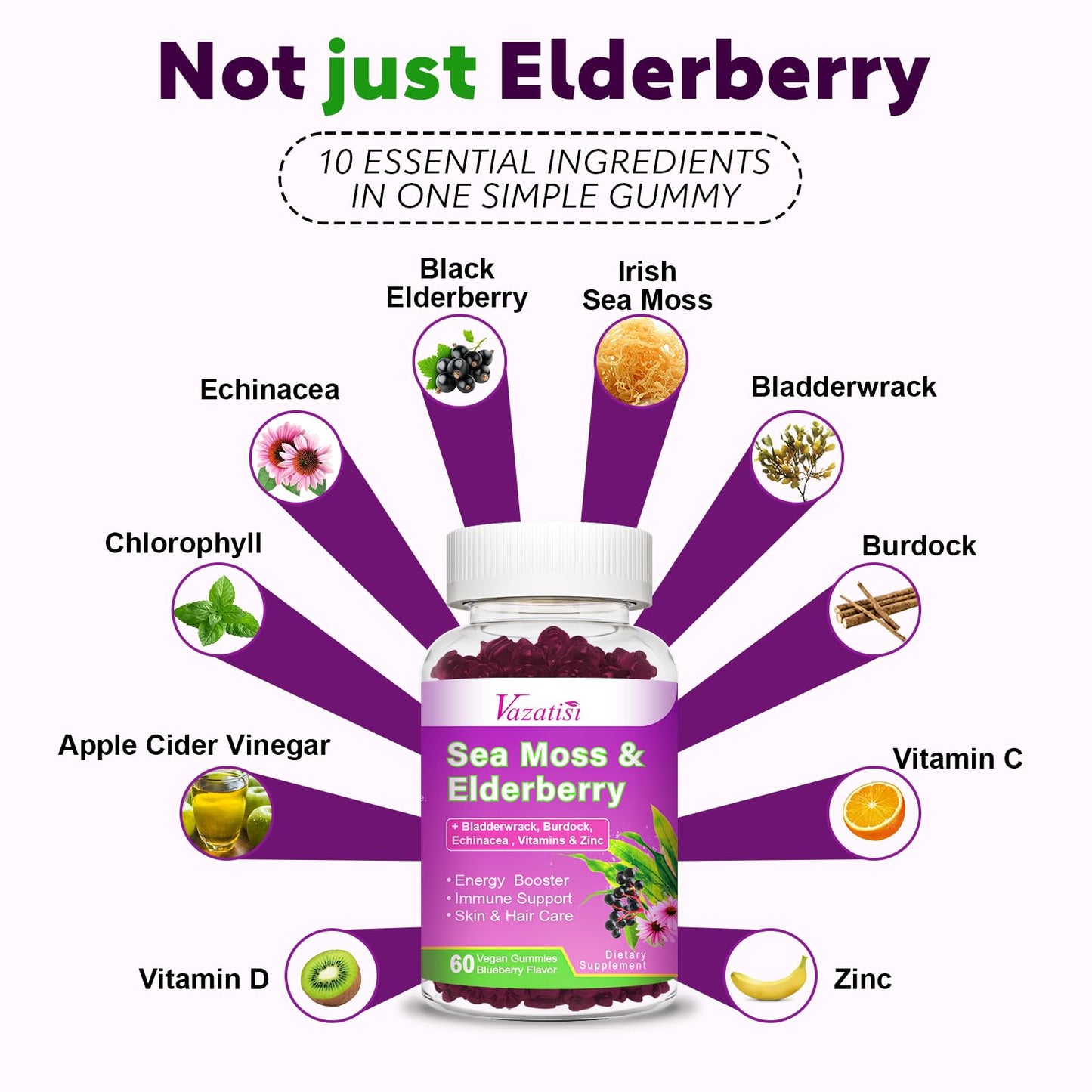 Vazatisi Elderberry Gummies with Sea Moss, Bladderwrack, Burdock, Echinacea, Apple Cider Vinegar, Chlorophyll, Vitamin C, D & Zinc, Blueberry Flavor, 60 Gummies