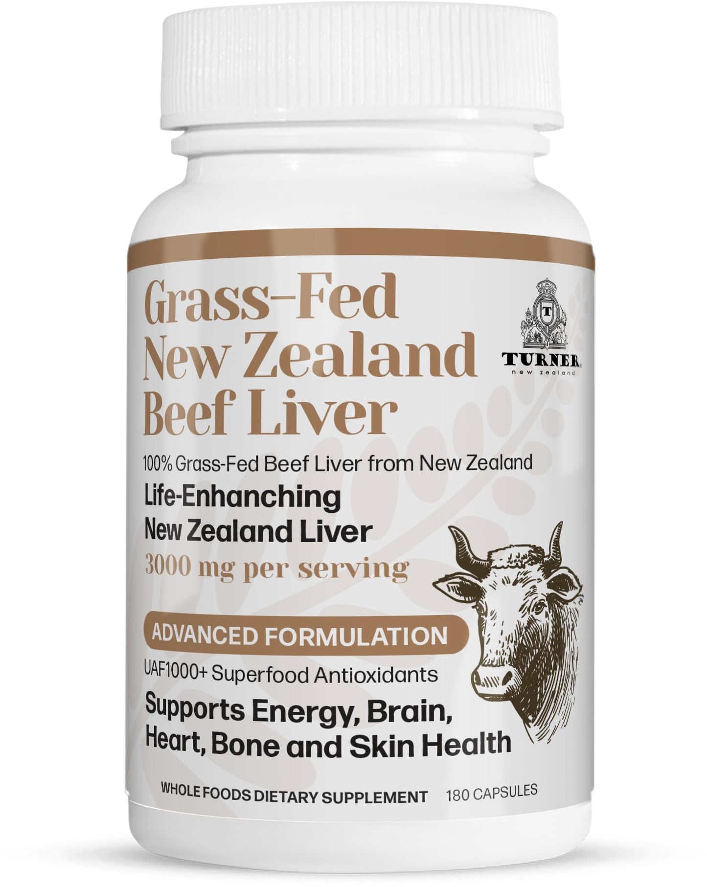 TURNER New Zealand 100% Live-Grass-Fed Beef Liver, 180 Capsules