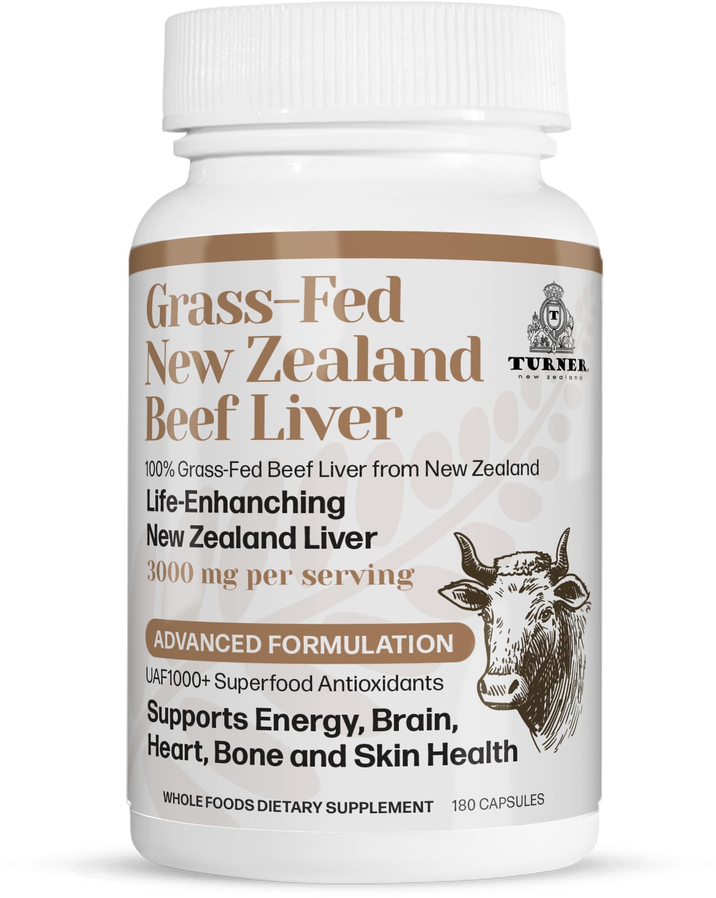 TURNER New Zealand 100% Live-Grass-Fed Beef Liver, 180 Capsules