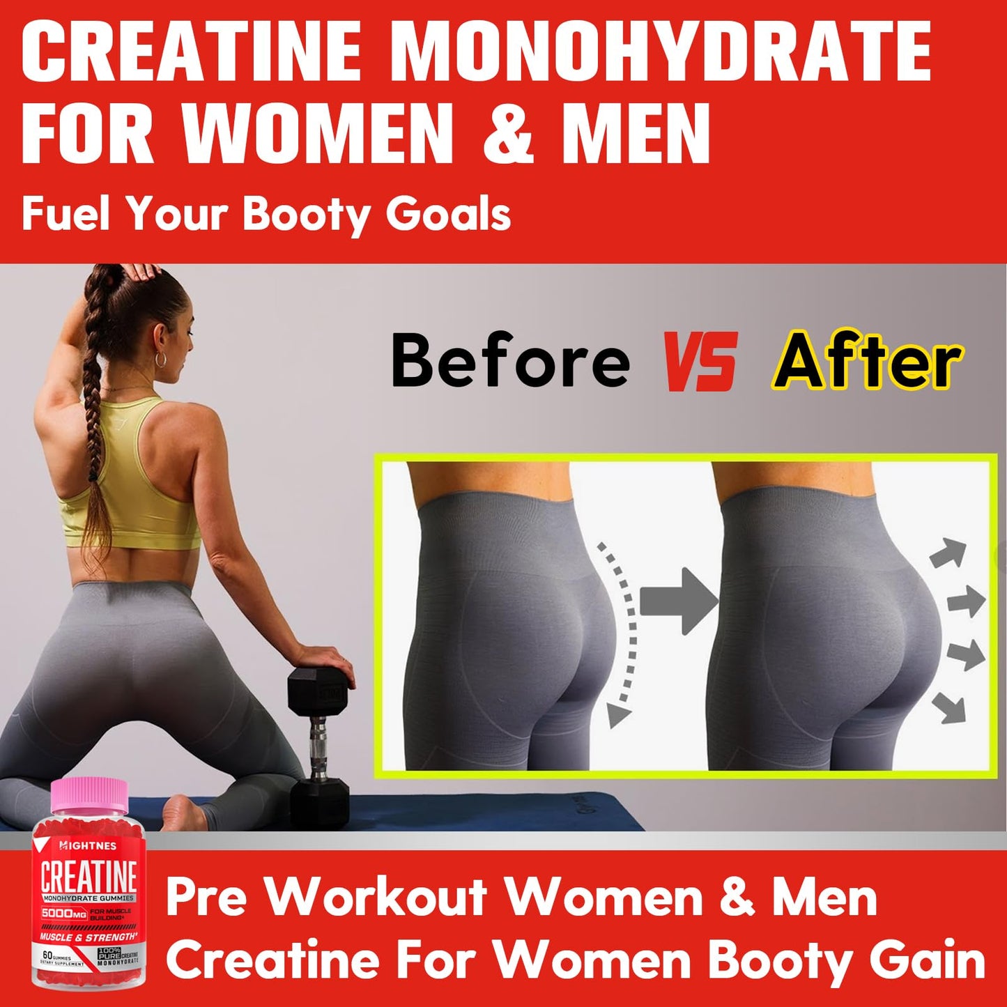 Mightnes Creatine Monohydrate Gummies, 60 Count