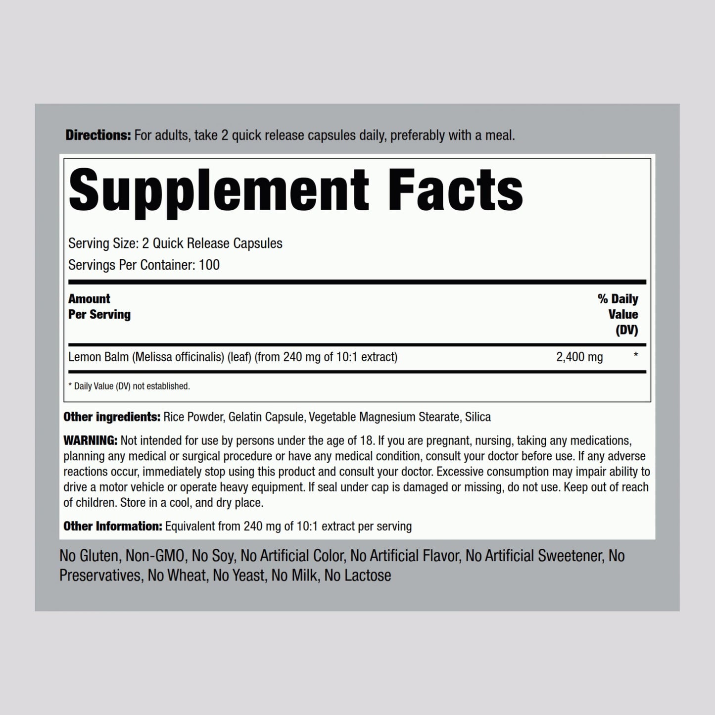 Piping Rock Lemon Balm Capsules 200 Count