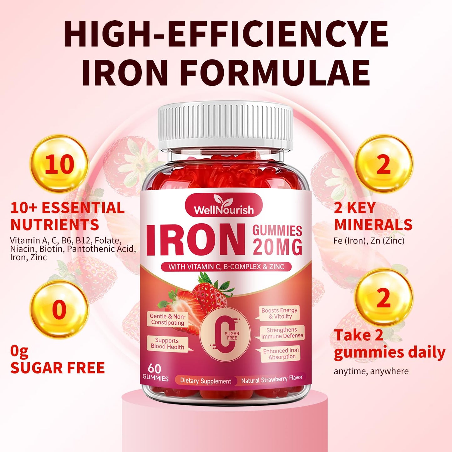 Wellnourish Iron Gummies for Women & Kids, Sugar Free with Vitamin C, 20 mg Gentle Iron, Strawberry, 120 Gummies