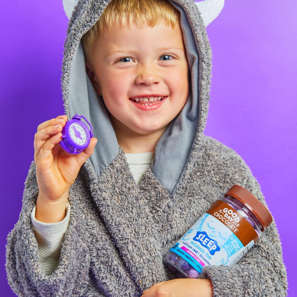 Good Day Chocolate Natural Valerian Root for Kids Chewable, Herbal Sleep Supplement with L-Theanine, Organic Wildberry Flavor, Fair Trade & Non-GMO Chocolate, 50 Chewables