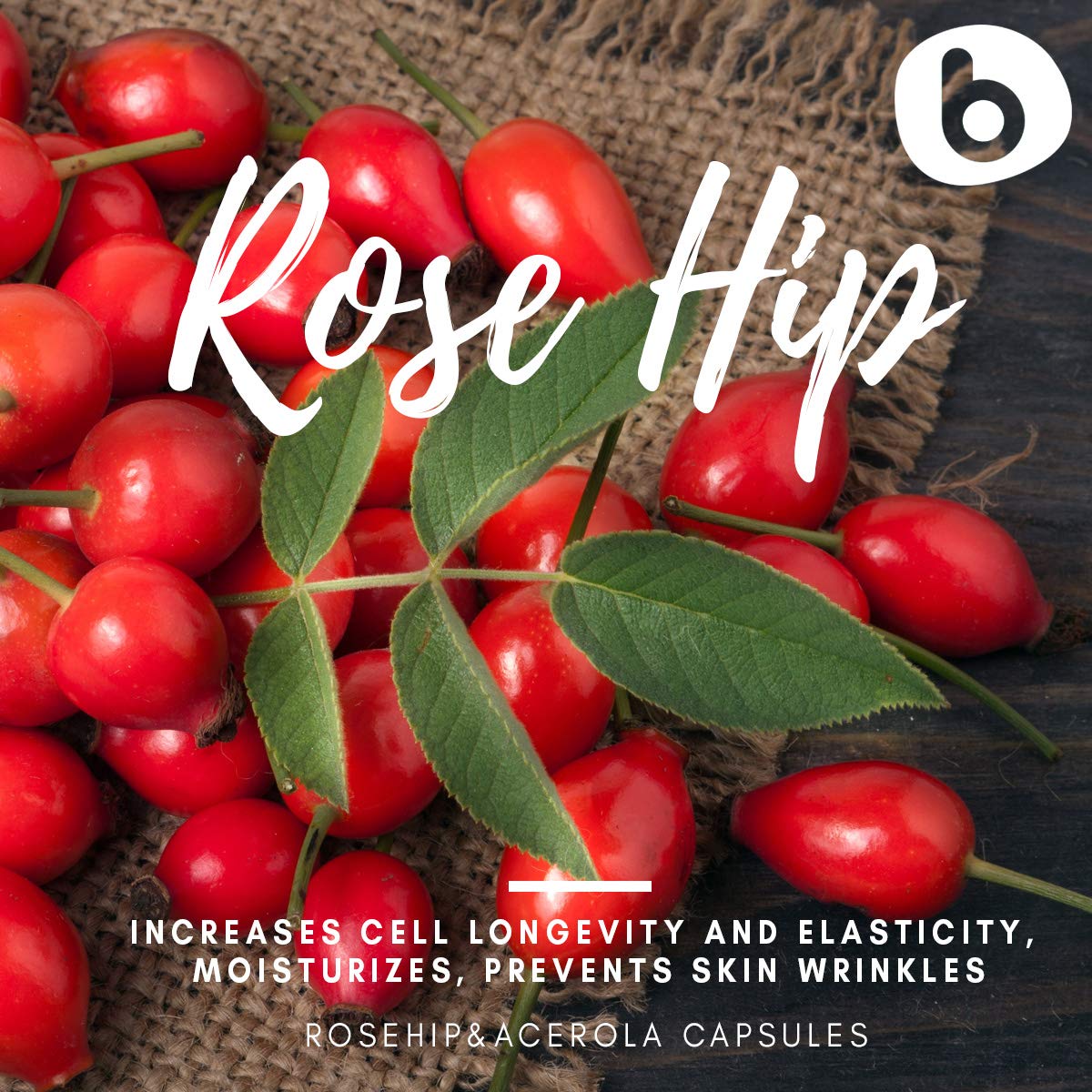 b RoseHips & Acerola Capsules - Vitamin C 1000mg from Acerola Cherry Powder & Rosehip Powder, Plant-Based, GMO-Free - 90 Vegan Capsules