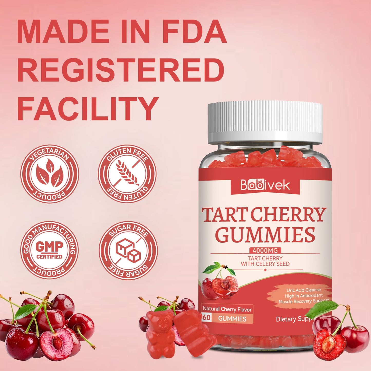Babivek Tart Cherry Gummies with Celery Seed Extract 4000mg Gummy 60