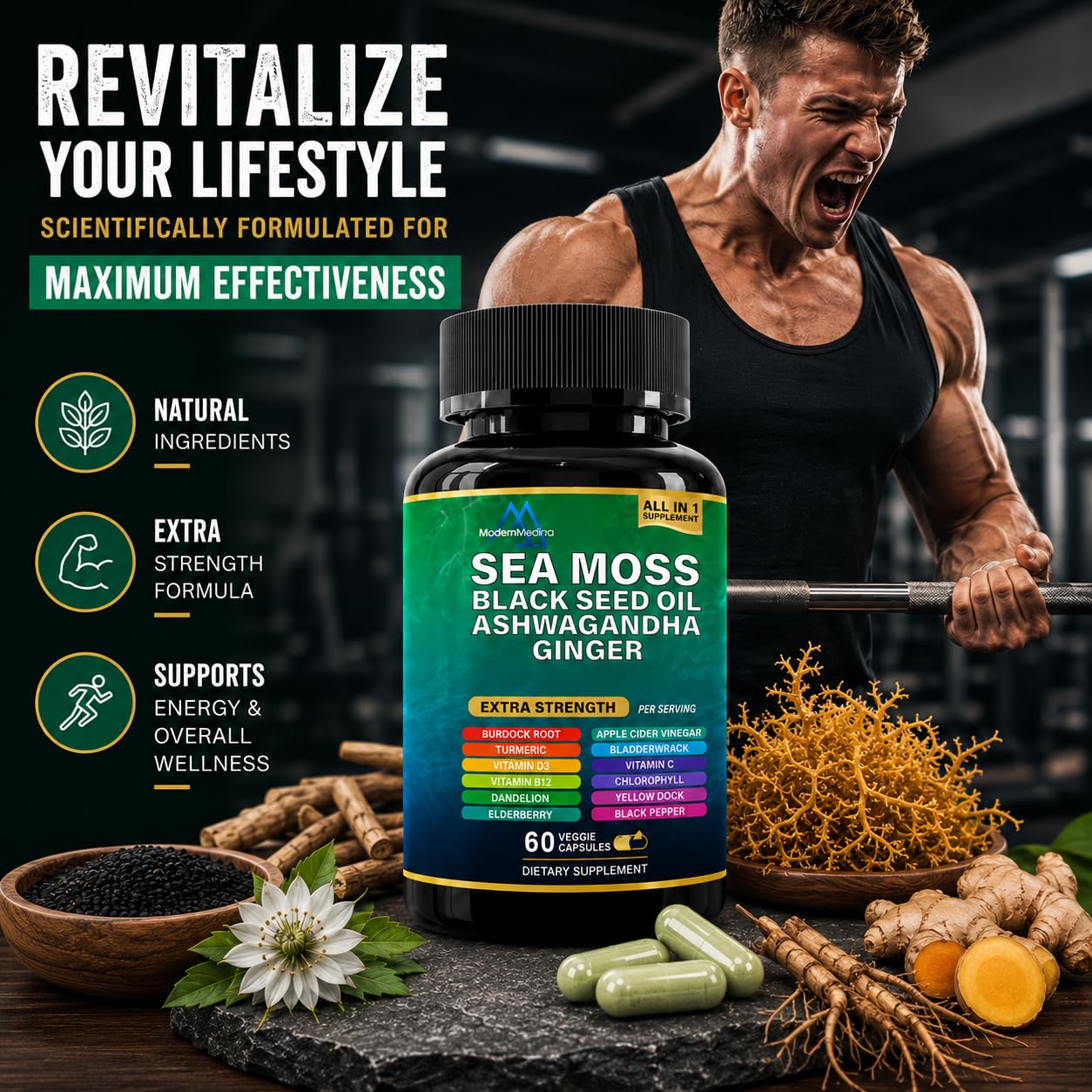 ModernMedina Sea Moss Herbal Supplement with Black Seed Oil, Ashwagandha & Ginger, 60 Capsules