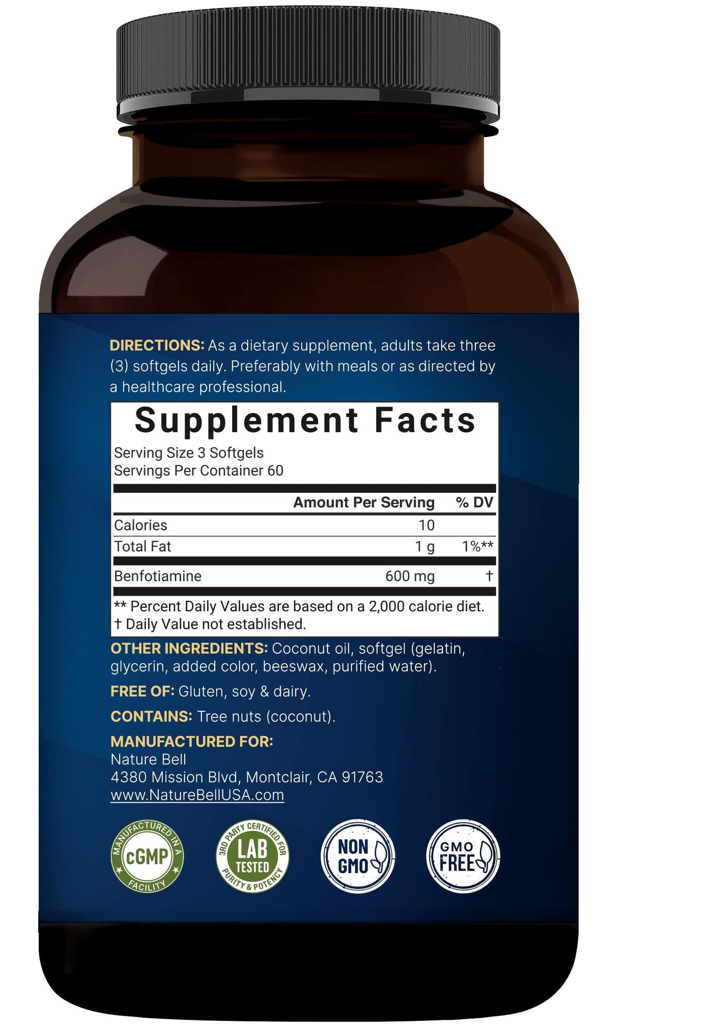 NatureBell Benfotiamine 600mg Per Serving Coconut Oil Softgels, 180 Count