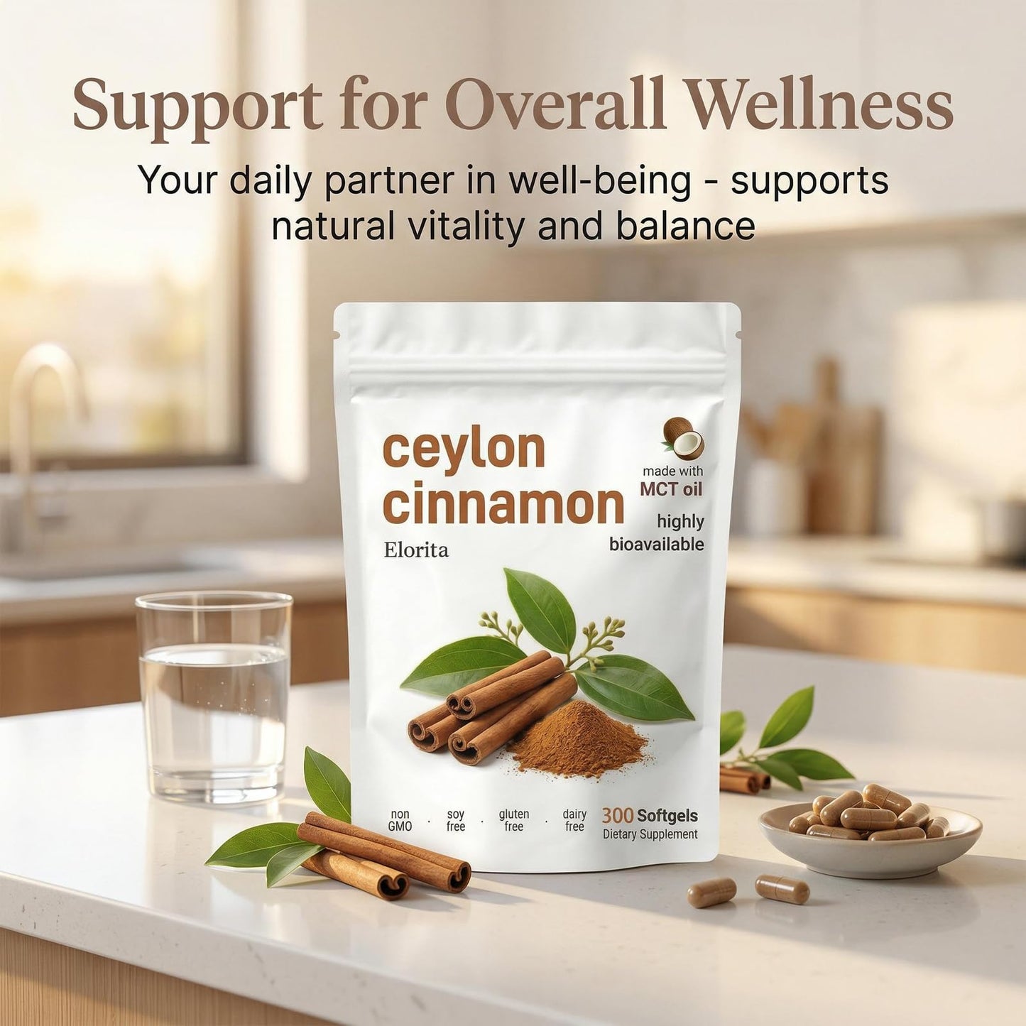 Elorita Ceylon Cinnamon Softgels with MCT Oil Capsule, Non-GMO & Gluten Free, 300 Softgels