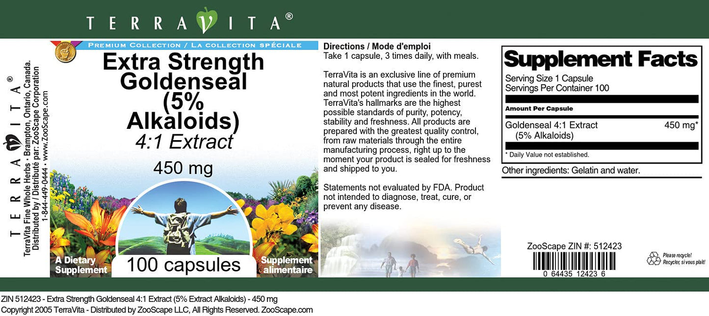 Terravita Extra Strength Goldenseal 4:1 Extract (5% Alkaloids) - 450 mg Capsules, 300 Count