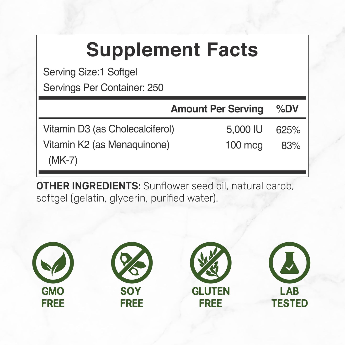 DEAL SUPPLEMENT Vitamin D3 5,000 IU + K2 MK7 Softgels, 250 Count