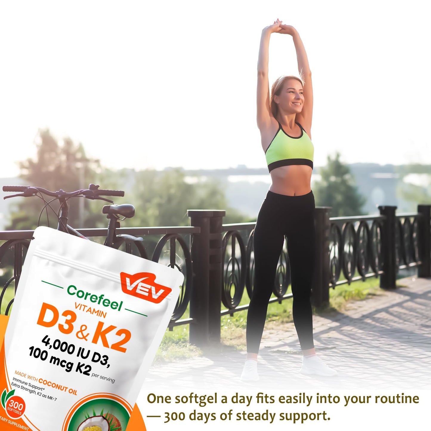 VEV Vitamin D3 K2 4000 IU, 100 mcg MK-7 with Coconut Oil Softgels, 300 Count