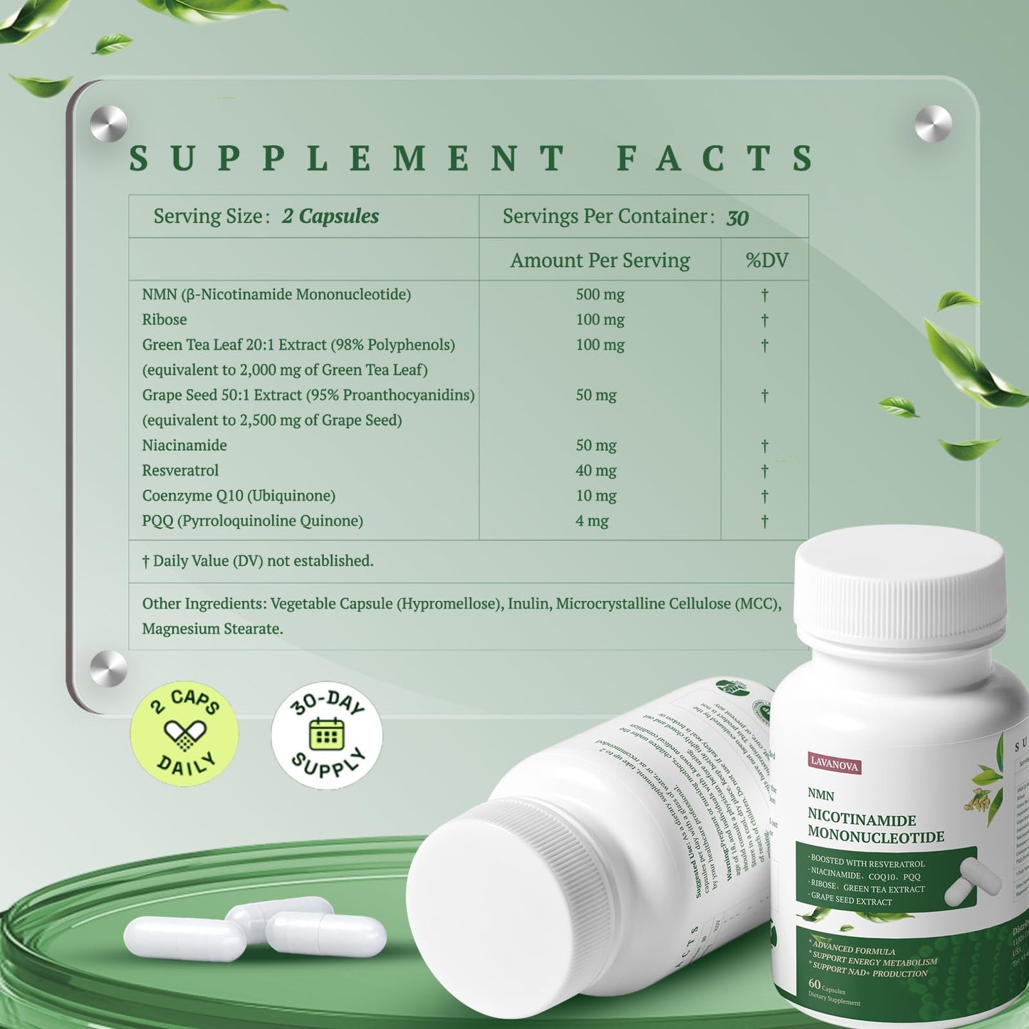 LAVANOVA NAD+ Supplement for Women, NMN Supplement 500mg with Nicotinamide Mononucleotide and Resveratrol, Supports NAD+ Levels & Cellular Energy, Anti-Aging & Longevity, 60 Capsules
