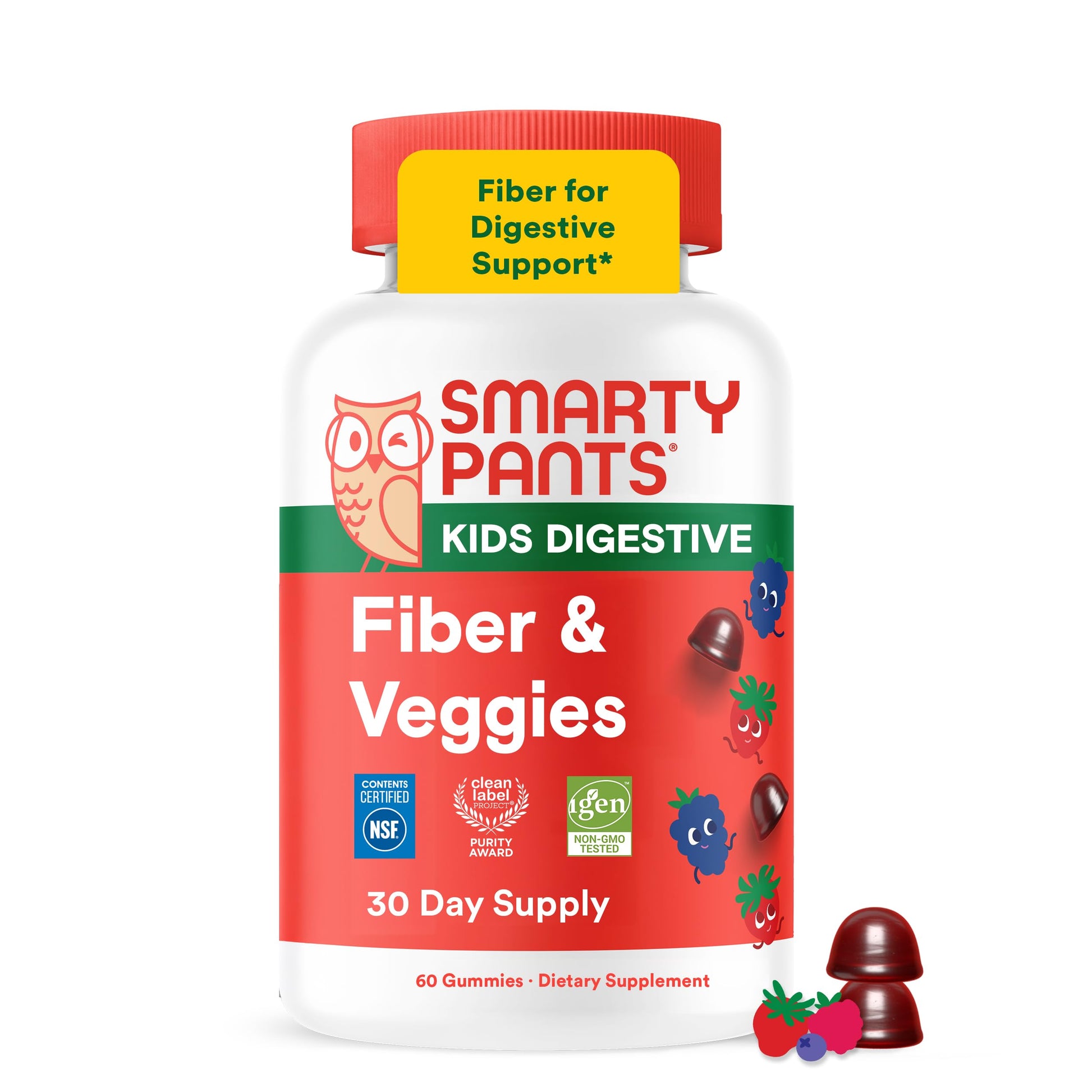 SmartyPants Kids Fiber & Veggies: Prebiotic Fiber Gummies for Kids, Fiber Supplement with Inulin, Organic Green Veggie Blend, Vegan, Gluten Free, Mixed Berry Flavor, 60 Count Gummies