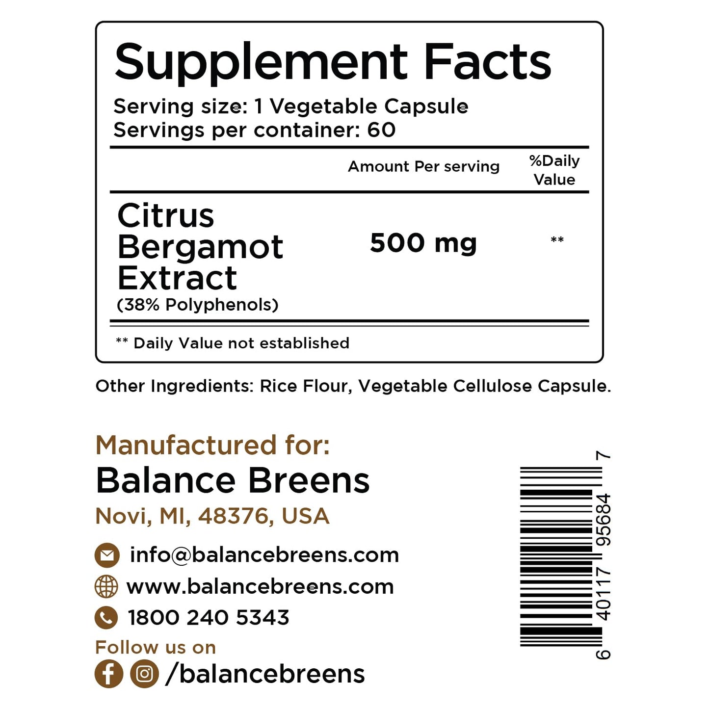 Balancebreens Citrus Bergamot 500mg Capsule, 120 Count
