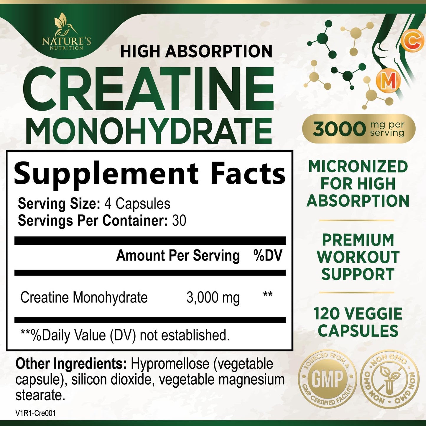 Nature's Nutrition Creatine Monohydrate 3000mg Capsules 120 Capsules