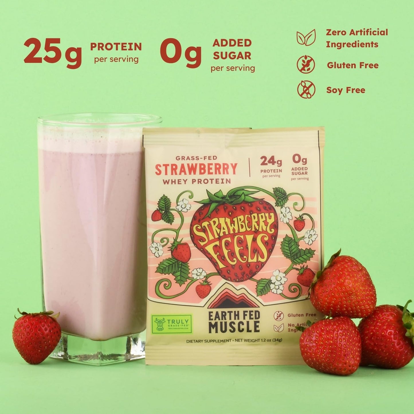 Earth Fed Muscle Whey Back Irish Grass Fed Whey Protein Isolate, Single-Serve Packet, Strawberry Feels Forever, 1.2 oz