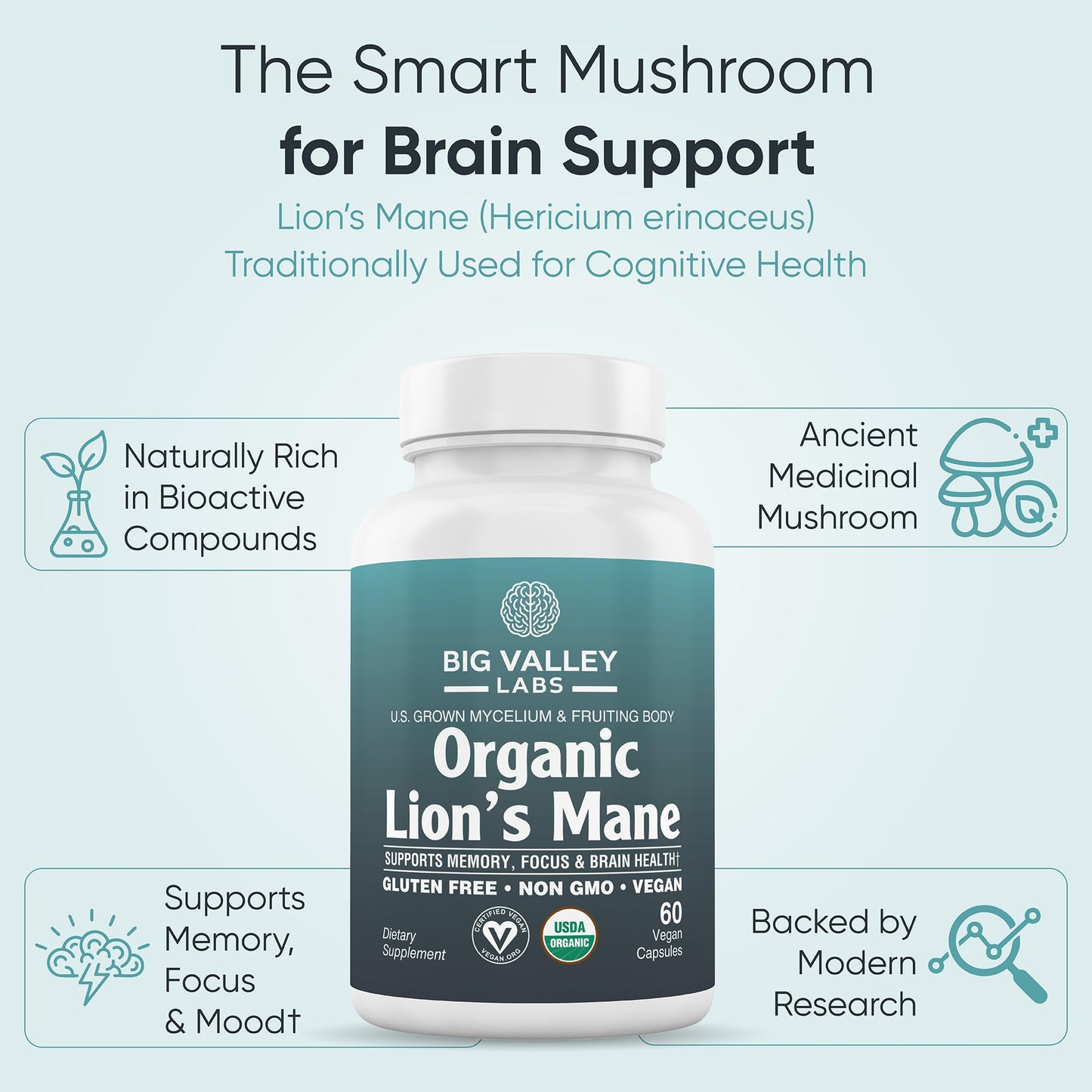 Big Valley Labs Organic Lion's Mane Mushroom Supplement, 60 Capsules
