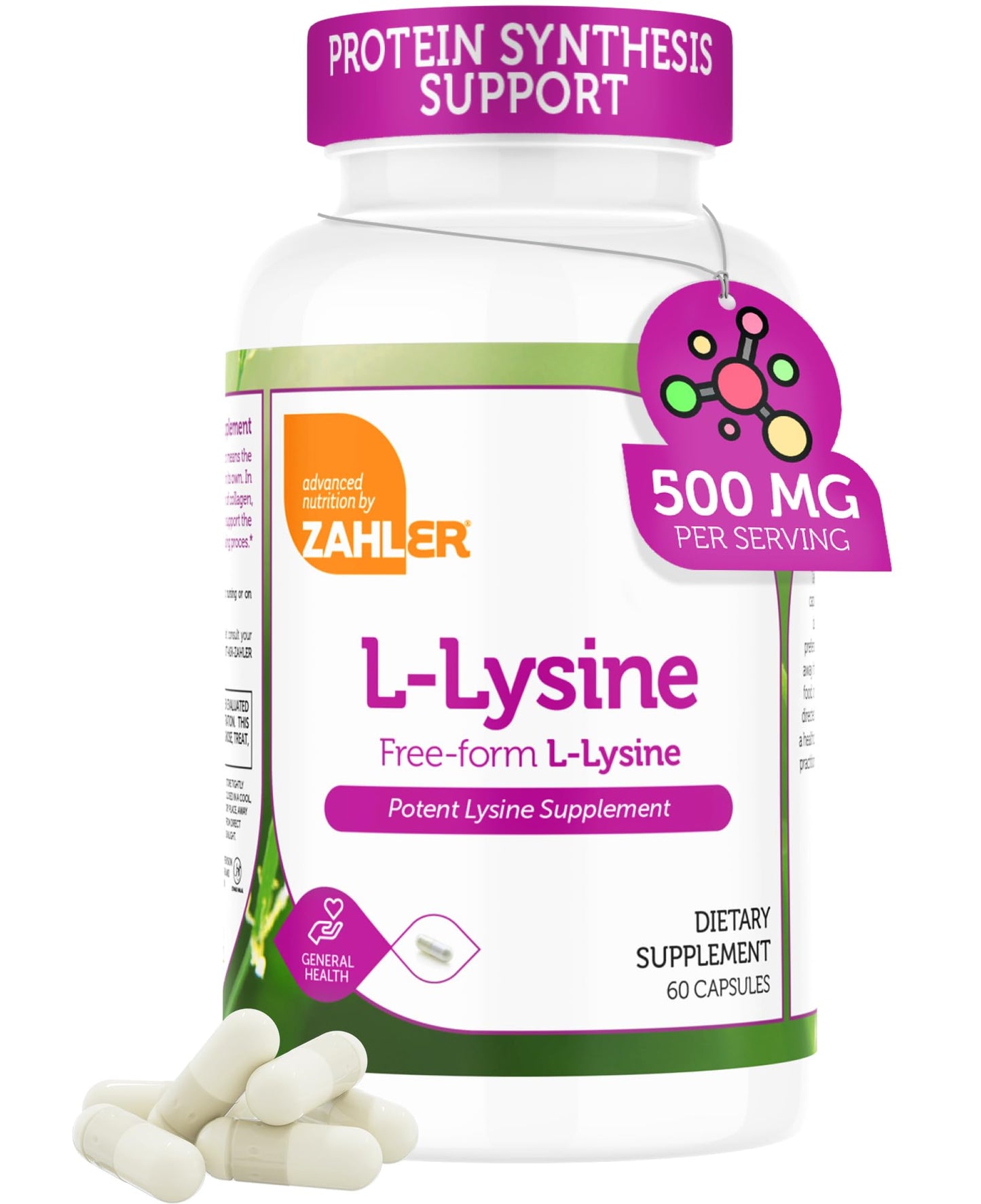 Zahler L-Lysine 500mg Freeform L-Lysine Supplement Kosher Capsule 60 Capsules