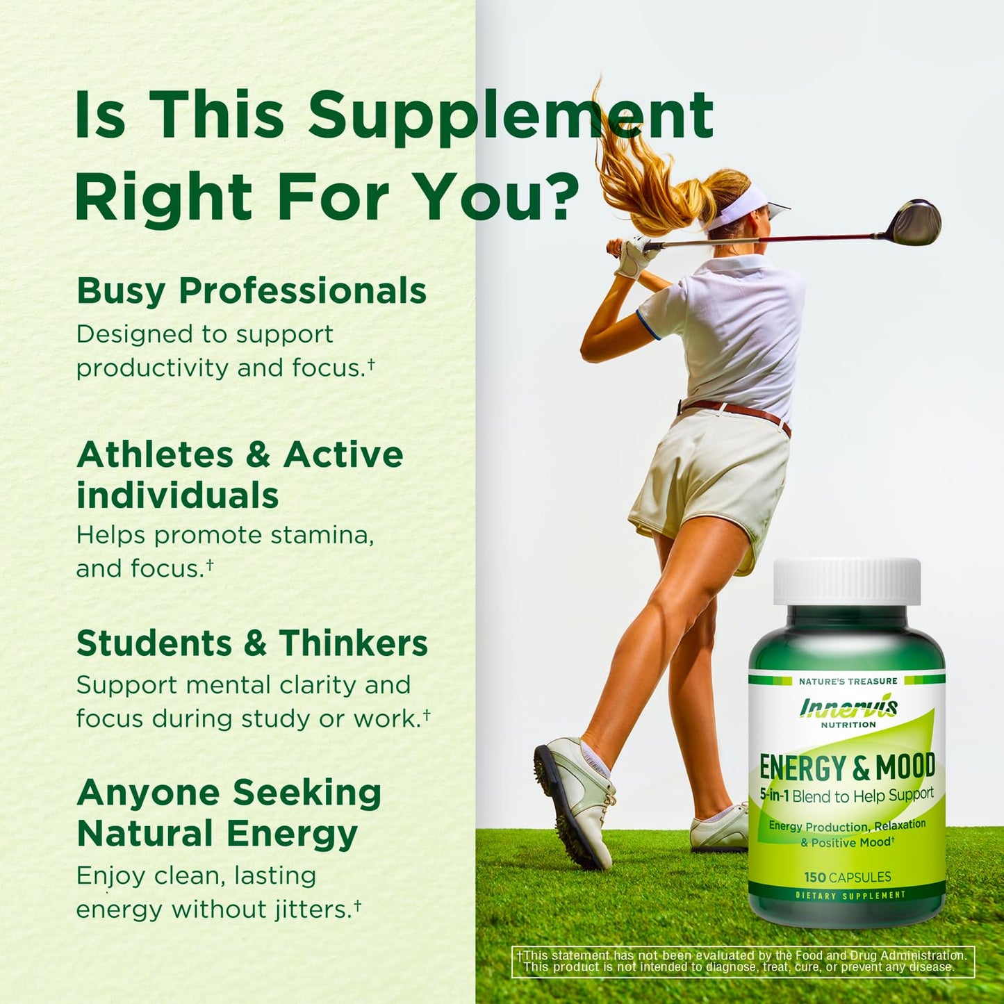 Innervis Nutrition Energy & Mood Supplement – Boost Energy & Reduce Fatigue, Support Relaxation Capsule, 150 Count